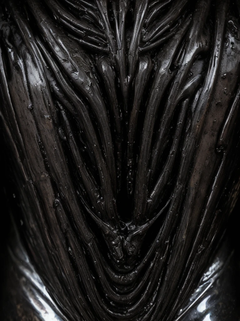 (full body shot, ultra closeup, ultra-detailed, best quality, photorealistic:1.8, 8k, realistic, photography, melted bodies, exomorph, oiled skin, dark mood, obscene mood, necronomicon, dark background, petrol colours, vibrant colours, 35mm, emerging from black oil, high contrast, rain, liquid reflections, shiny reflections, in the style of HR Giger