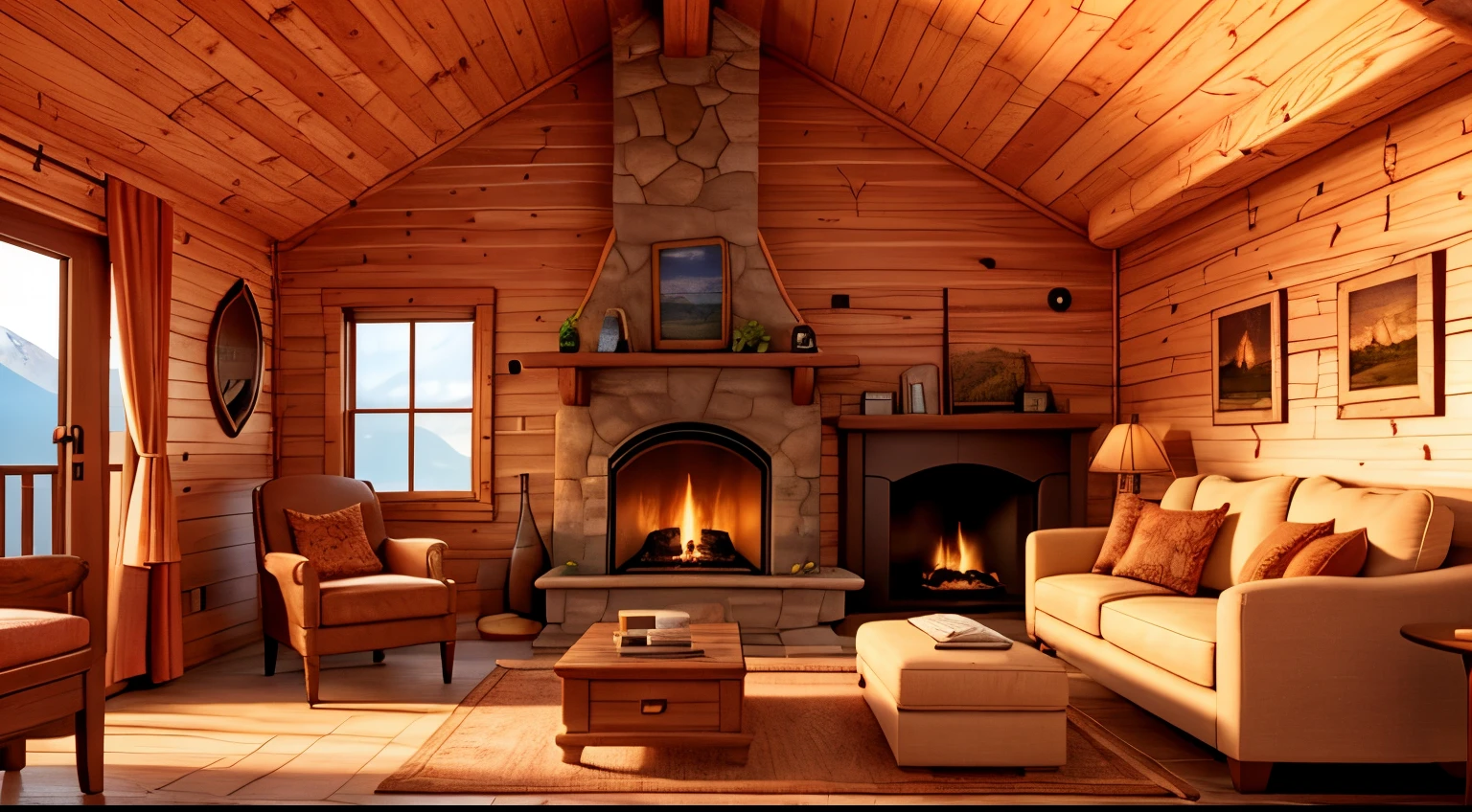 Fireplace inside a small mountain cabin