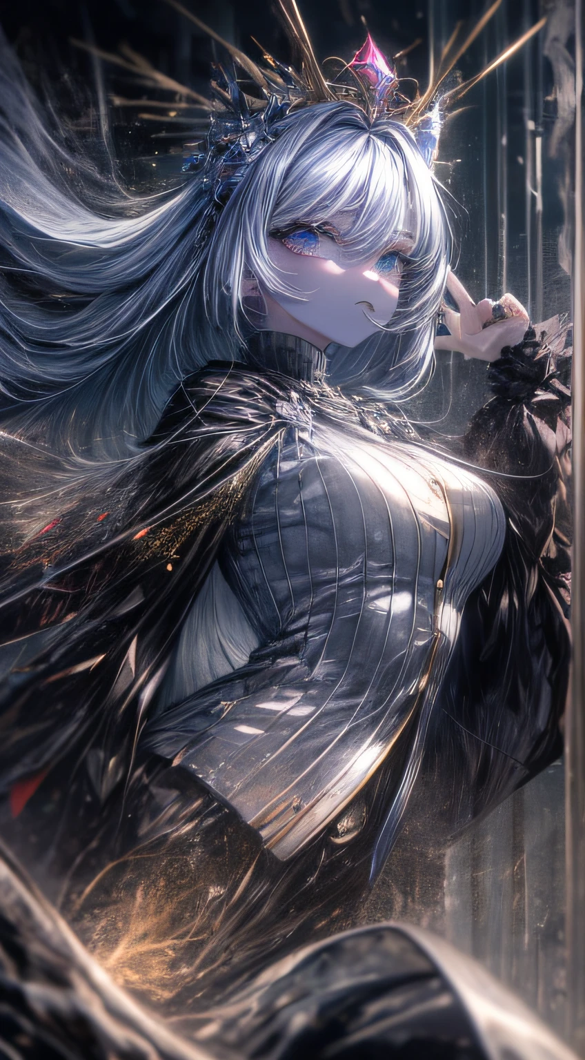 ((Masterpiece, Superb, Super Detailed, High Resolution)), solo, beautiful girl, sparkling eyes, perfect eyes, 15 years old, black and white gold theme,