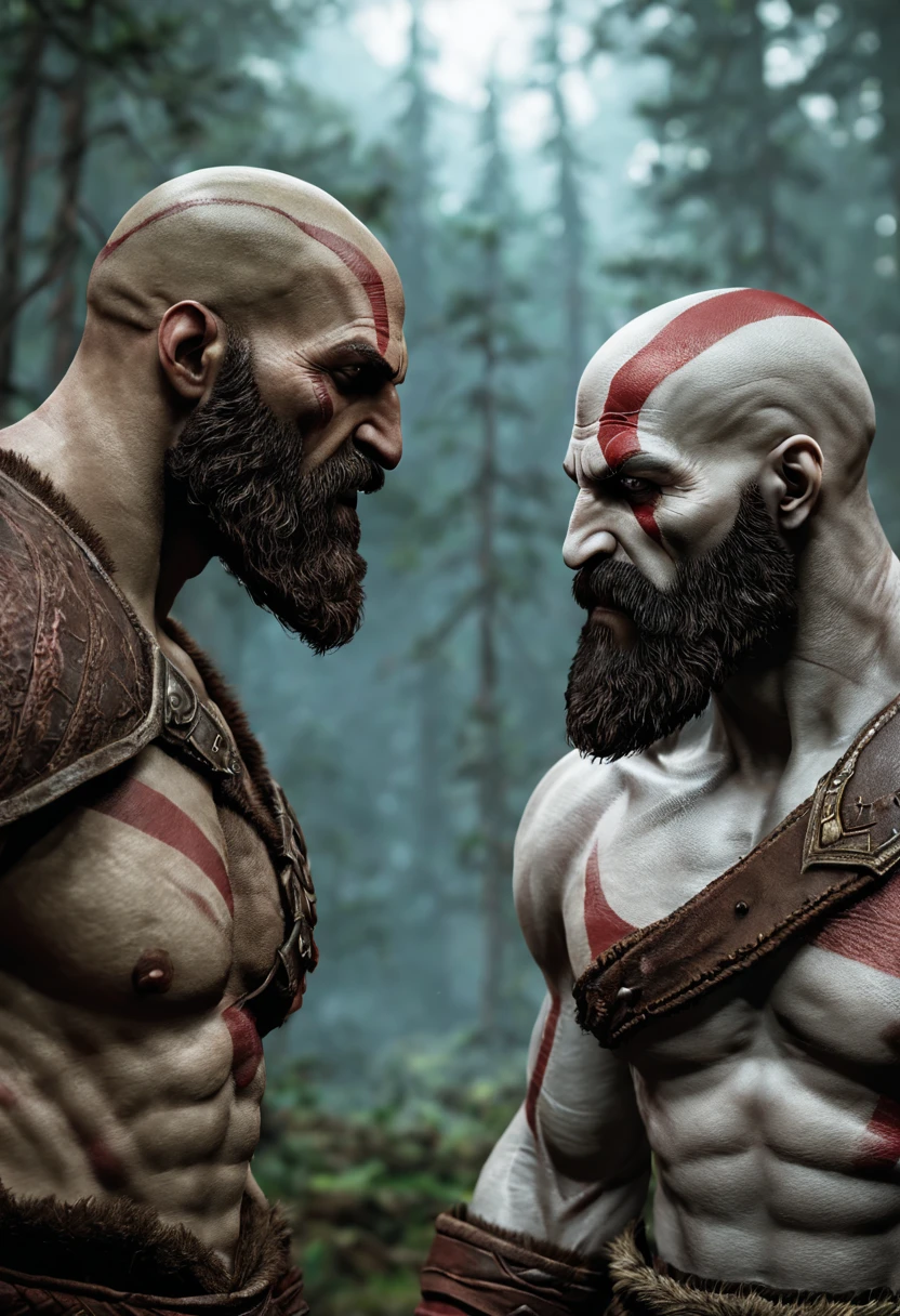 Two character facing each other , one as ultrarealistic life Kratos ,and the other is a Game-like animated Kratos from god of war