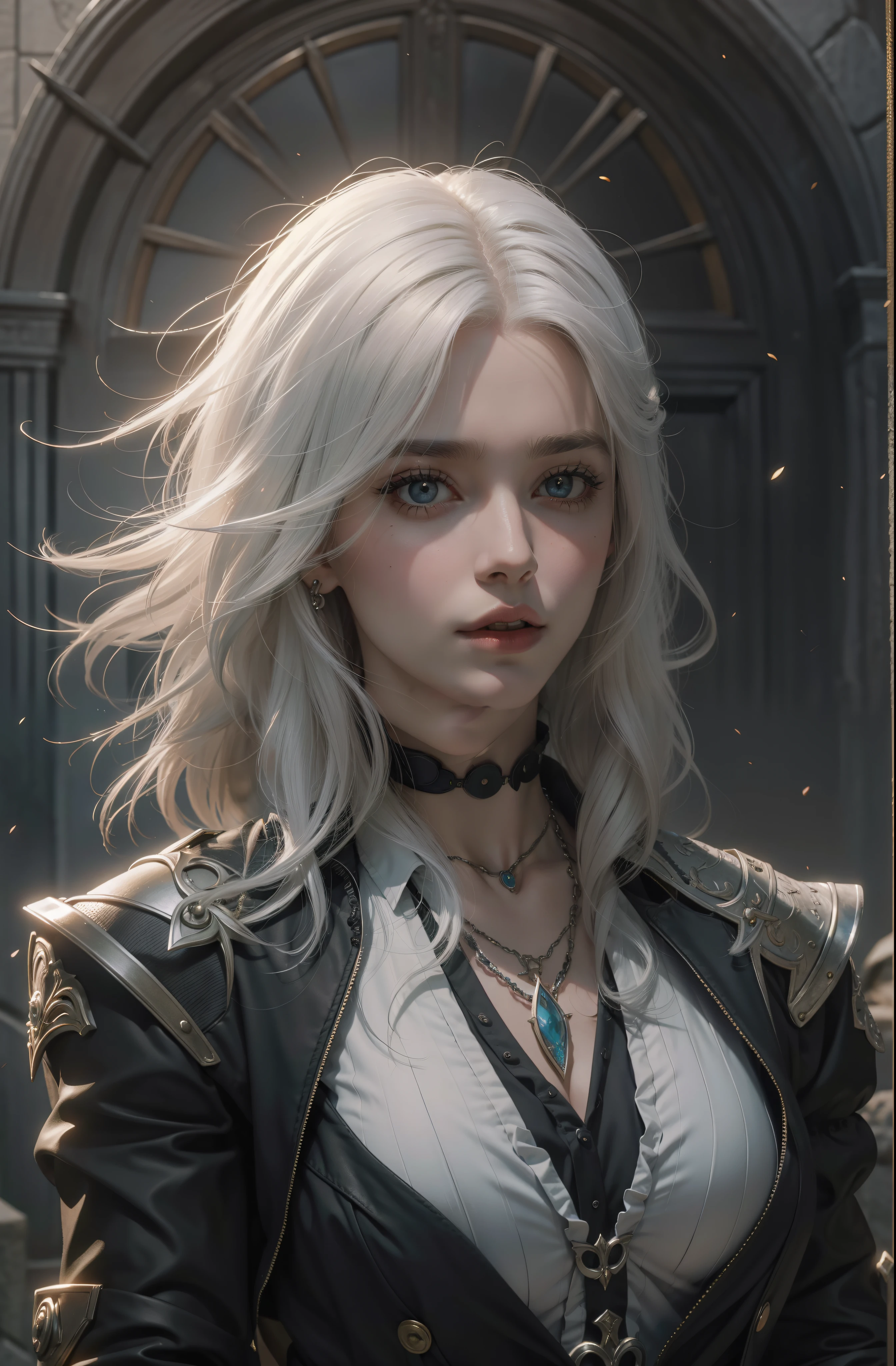 Mulher que lembra a Ciri de The Wicther, com longos cabelos brancos e olhos azuis brilhantes, she's wearing a black suit, seus cabelos chicoteando seu rosto com o vento