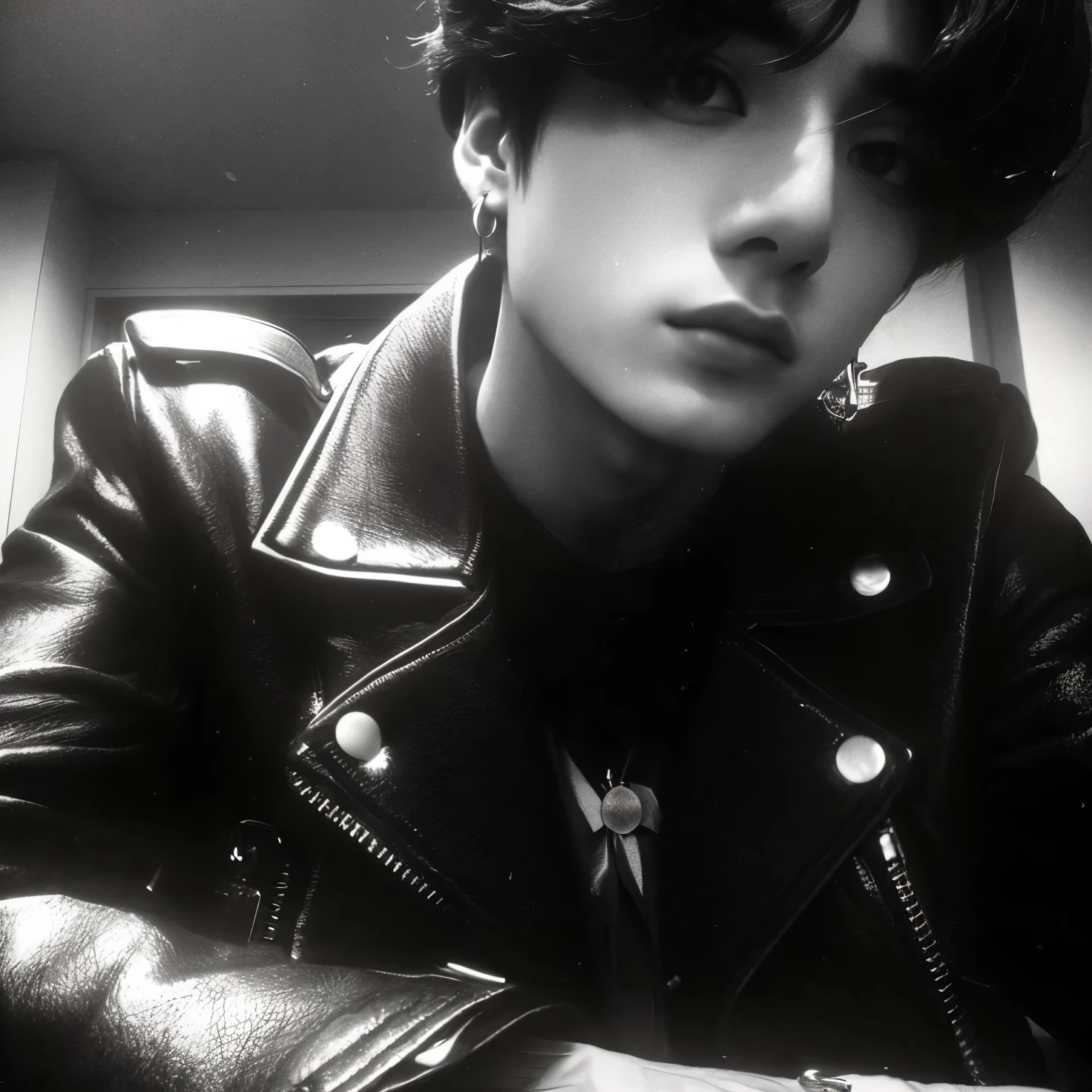 foto em preto e branco de um homem vestindo uma jaqueta de couro, Cai Xukun, Jungkook, foto de perfil, inspirado em Jean Malouel, TaeJune Kim, androgynous, Beautiful androgynous prince, Inspirado em Jeonseok Lee, ✨🕌🌙, em uma velha jaqueta de couro dos anos 1950, ela usa jaqueta de couro