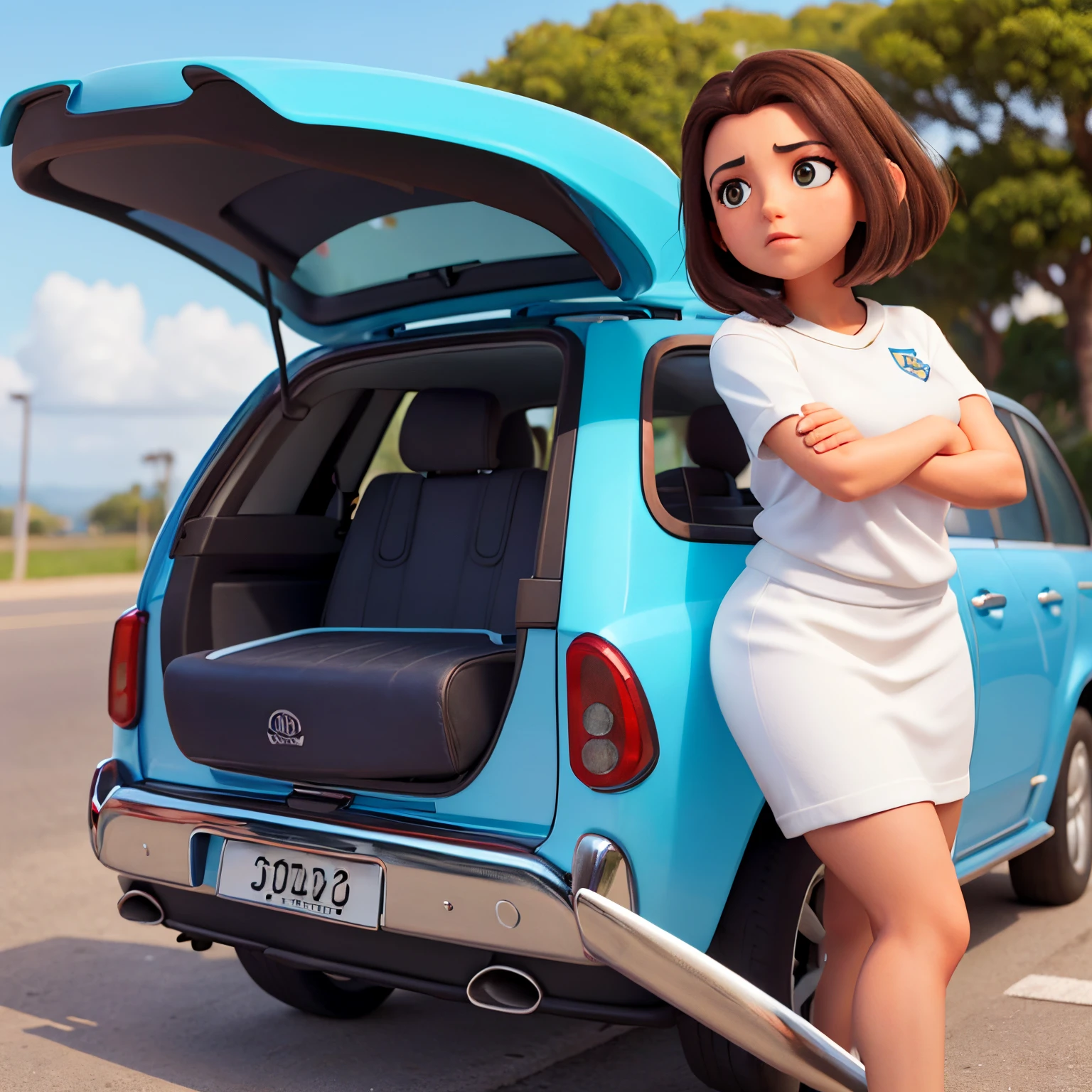 Um rapaz com pele branca cabelos pretos com topete, rodto cavado porte forte sobrancelha grande e boca pequena encostado em um carro novo uno branco. Duas portas