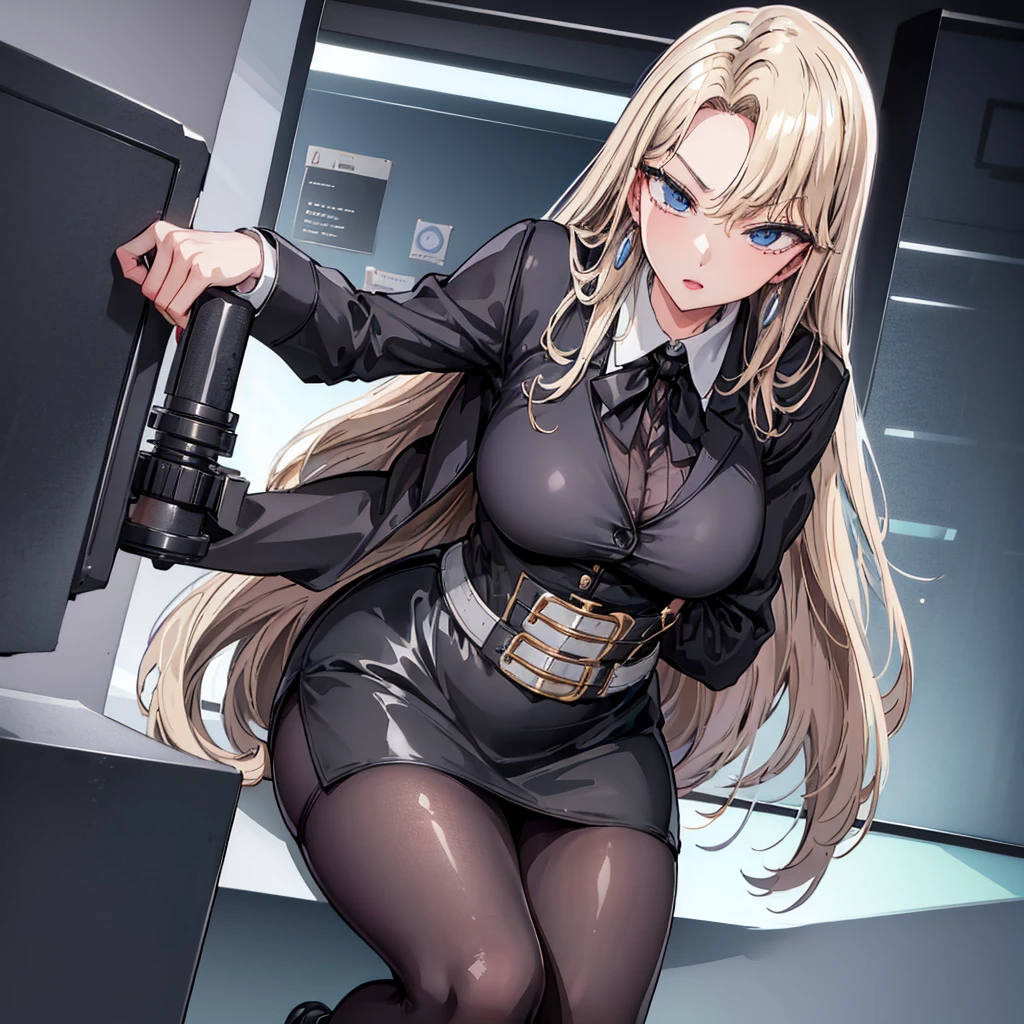 Officelady、Black jacket、Black tight skirt、White blouse、Black tights、High pumps with black heellack hair、s Office、lana、Beautiful woman、gazing at viewer、Looking here、hight resolution、top-quality、full body Esbian、animations、illustratio、Ultra-detailed delicacy