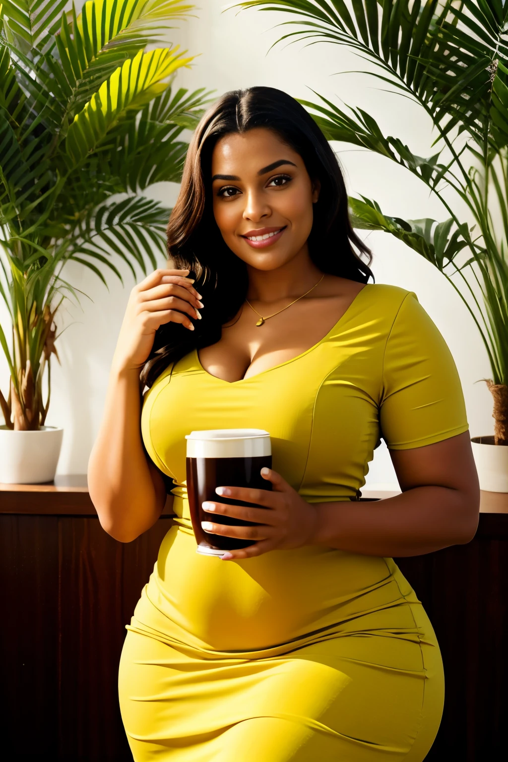 smiling woman in a green and yellow dress holding a cup of coffee,  huge cup of coffee, african ameera al taweel, woman drinking coffee, photo of a black woman, official product photo, leaked image, plus size woman, mid shot portrait, advertising photo, plus size, mid portrait, gorgeous lady, colombian, lady kima, promo shot