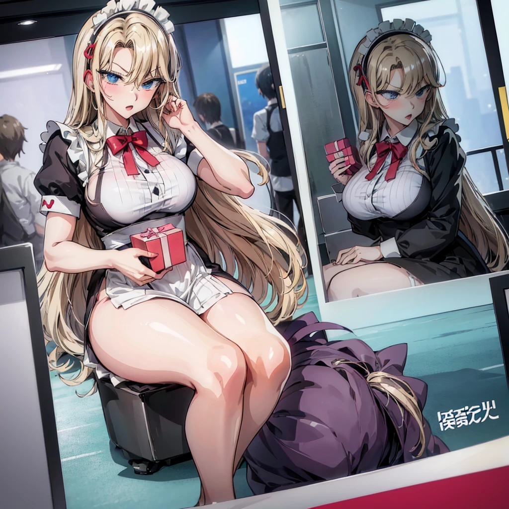 (Anime girl), ((manga style)), maid costume, ((handing camera a gift box)), she is mbarresed, she is flustered, good illustration, office setting, window background, reflections, nylon