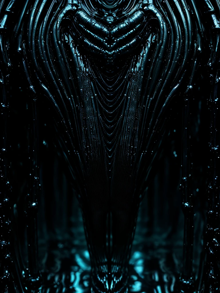 (full body shot, ultra closeup, ultra-detailed, best quality, photorealistic:1.8, 8k, realistic, photography, melted bodies, exomorph, oiled skin, dark mood, obscene mood, necronomicon, dark background, petrol colours, vibrant colours, 35mm, emerging from black oil, high contrast, rain, liquid reflections, shiny reflections, in the style of HR Giger