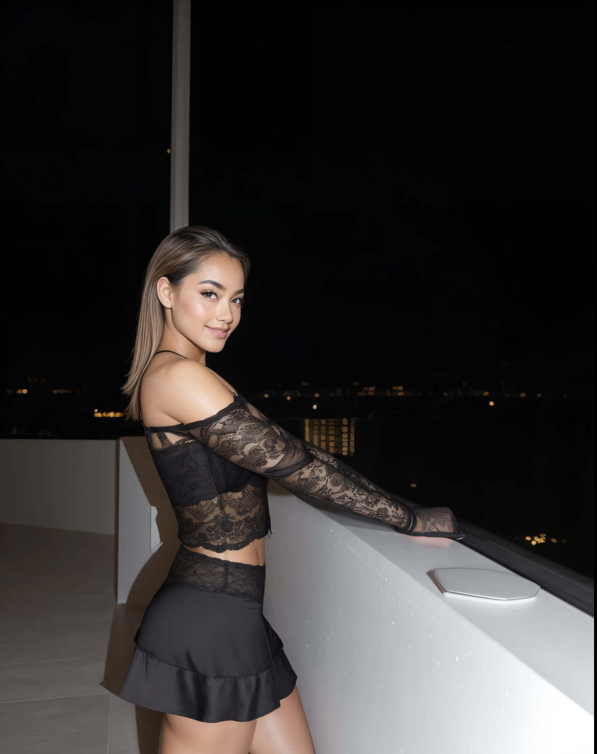 Young Thai woman, physique parfait, physique parfait, portant de la lingerie noire sexy  avec les jambes ouvertes, corps sexy, (8k), (Best quality), (Masterpiece:1.3), (Realstic), (photoreallistic:1.34), Ultra-detailed, [beautiful detailed  eyes], (sourire), (sourire), (beautiful nose detailed), [very long blonde hair], (haut court), lingerie noire, (superbes seins taille normale), (gros plan), profondeur de champ, full body view, legs spread, showing crotch, pieds en l'air