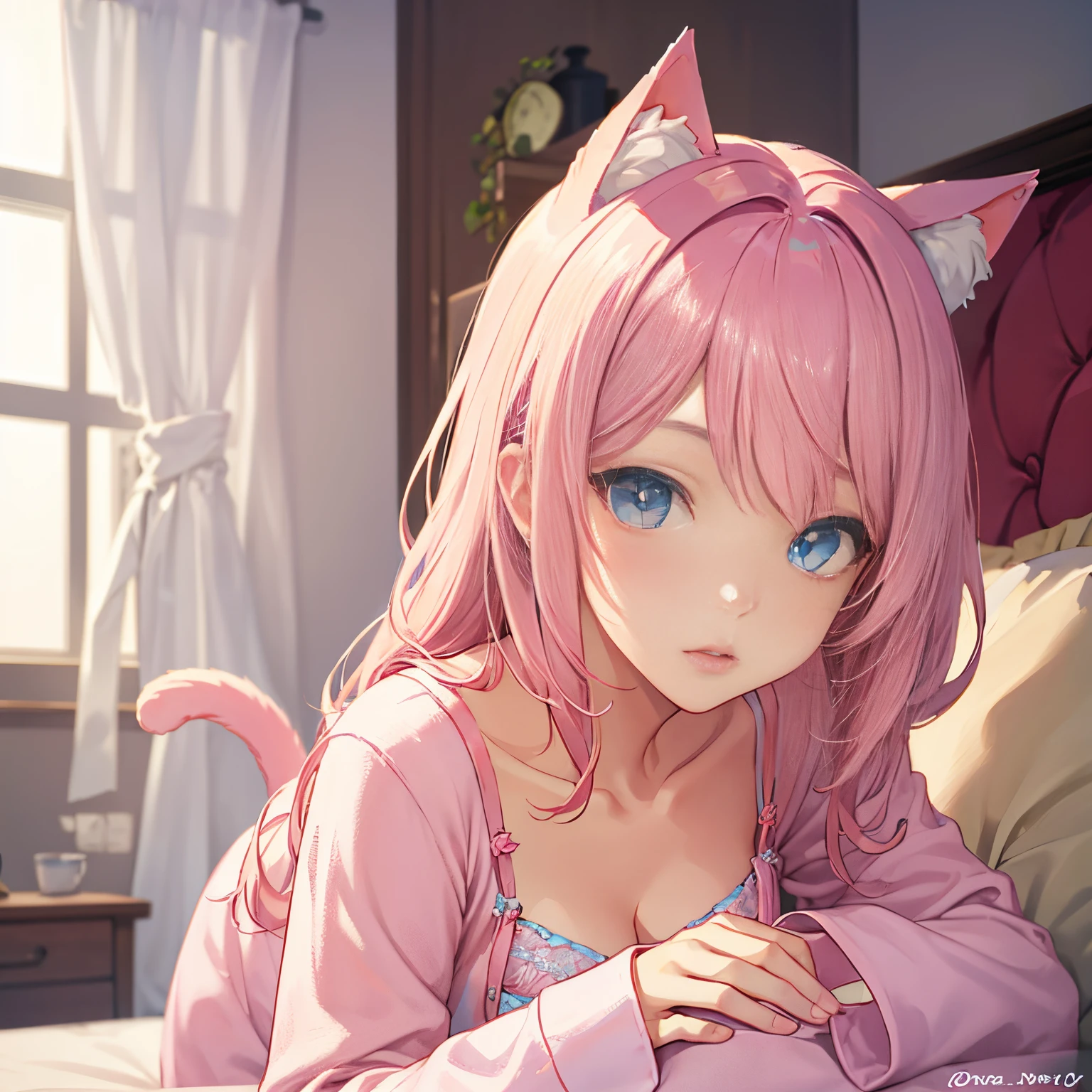 Anime girl lying on rose bed, pixiv contest winner,Lolita prostitute, beautiful anime catgirl, anime girl with cat ears, style of anime4 K, Very beautiful anime cat girl, Beautiful anime girl, Detailed digital anime art, cute anime catgirl,cabelos preto e longos,choker necklace,bath robe,