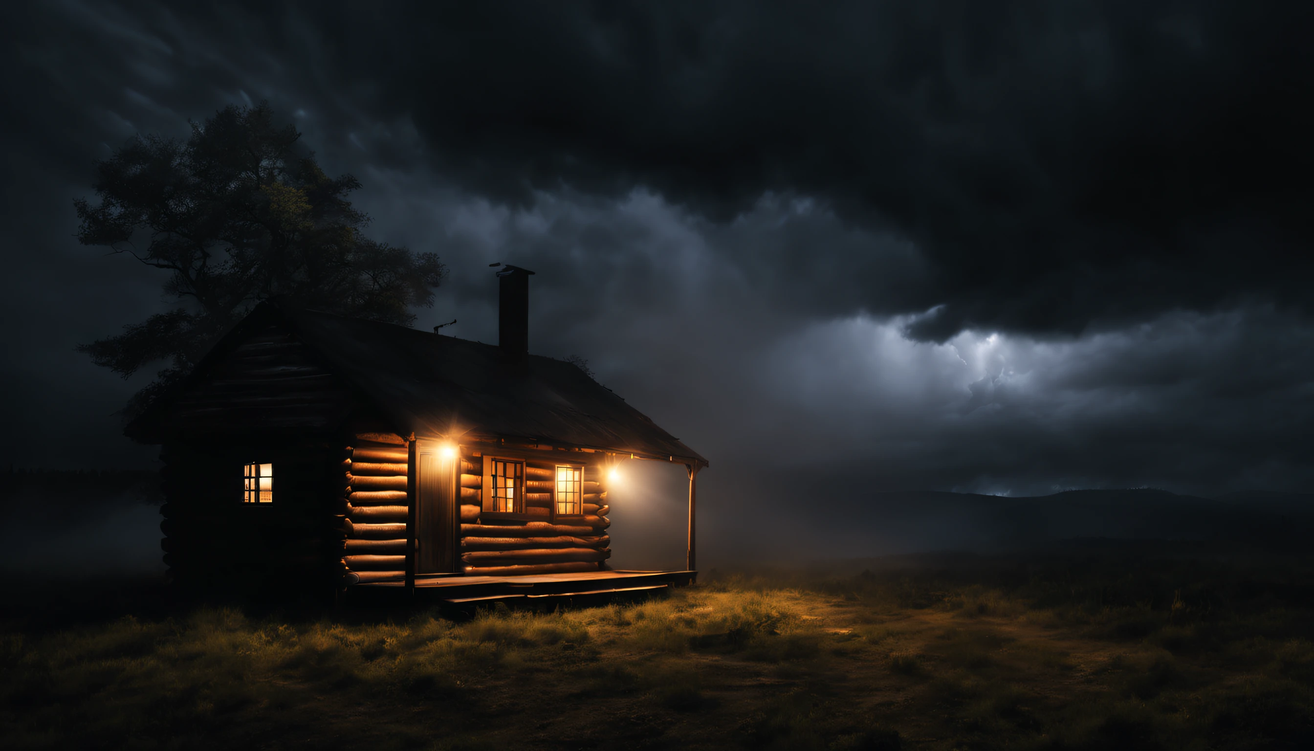 create a photo of a realistic cabin in an open forest at night with lights on, showing a cloudy sky surrounded by dark storm clouds, fotografia em 4K, dark scenery with lots of fog, wet floor, clima chuvoso, UDH