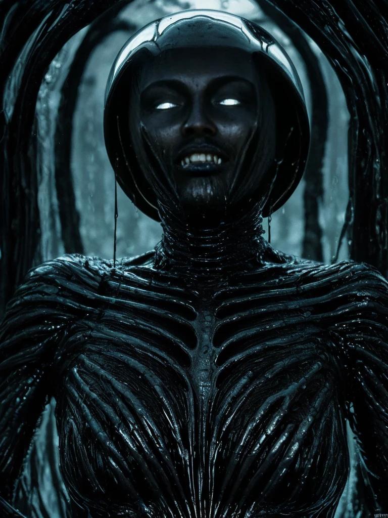 (full body shot, ultra closeup, ultra-detailed, best quality, photorealistic:1.8, 8k, realistic, photography, melted bodies, exomorph, oiled skin, dark mood, obscene mood, necronomicon, dark background, petrol colours, vibrant colours, 35mm, emerging from black oil, high contrast, rain, liquid reflections, shiny reflections, in the style of HR Giger