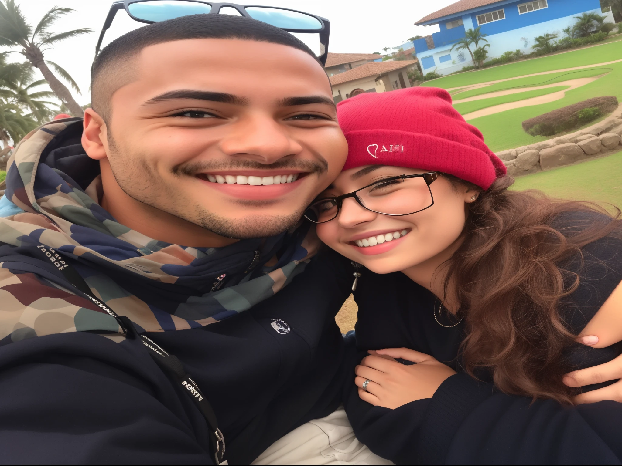 casal sorridente tirando selfie na frente de uma casa azul, casal sorridente, Casal feliz, they are in love, maximus jacobs, both smiling for the camera, Directed by: Nandor Soldier, Malika Favre, Alana Fletcher, Thomas Anthony e Malika Favre, Lovely couple, Alexis Franklin, sorrindo um para o outro, Parque em segundo plano