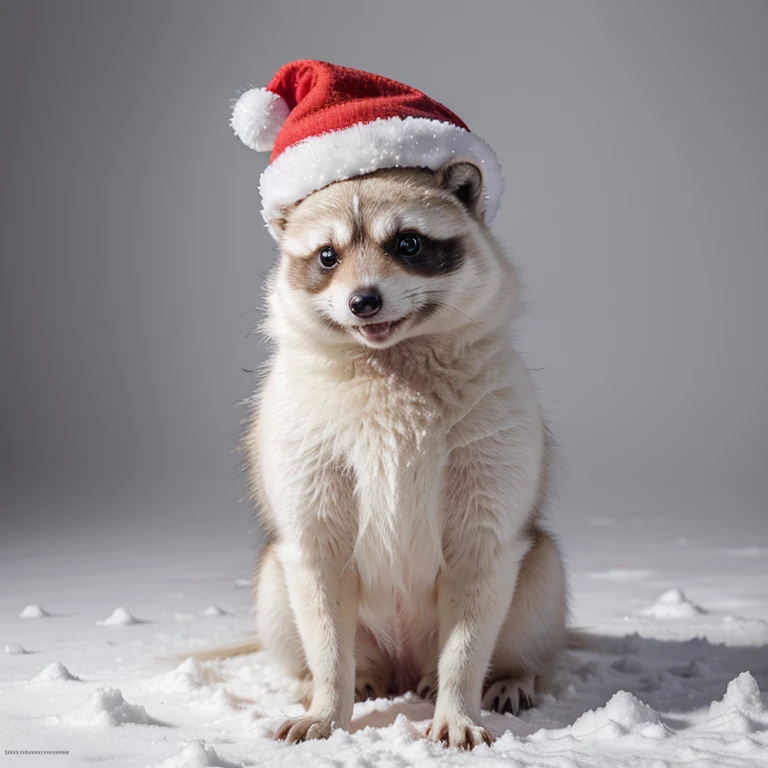 An anthropomorphic albino raccoon dog wearing a Christmas hat, (best quality, highres, ultra-detailed:1.2), with detailed fur, bright red hat, and a mischievous expression, standing in a snowy landscape. The artwork should be in a colorful and vivid style, with a focus on the contrast between the white snow and the raccoon dog's fur. The lighting should be soft and warm, casting a gentle glow on the scene.