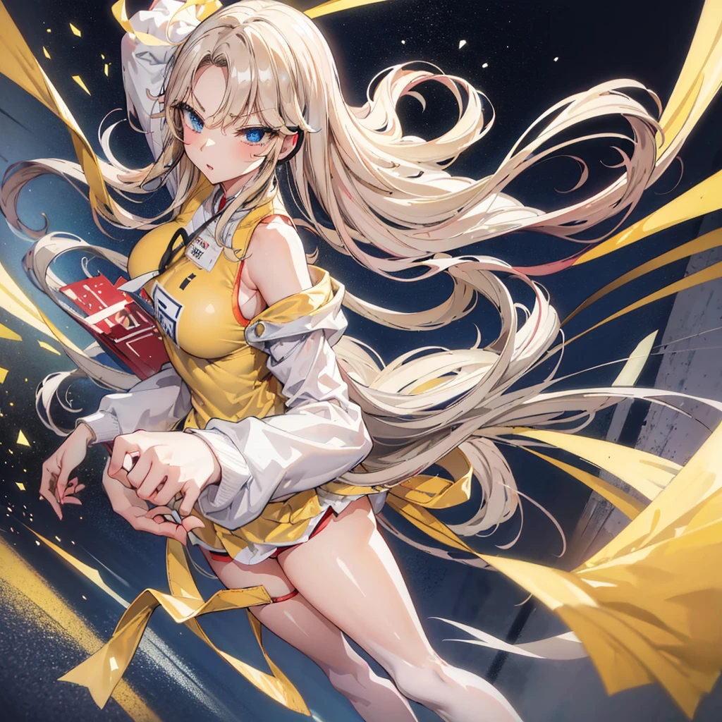 best qualtiy, tmasterpiece, 超高分辨率, realisticlying, 1 girl, long white hair,Heterochromic pupils,Long legs,With a headset,(Tight underwear),head looking up,cheerfulness,Light yellow tube stockings,Light yellow sneakers,Dance in the practice room,wide angles
