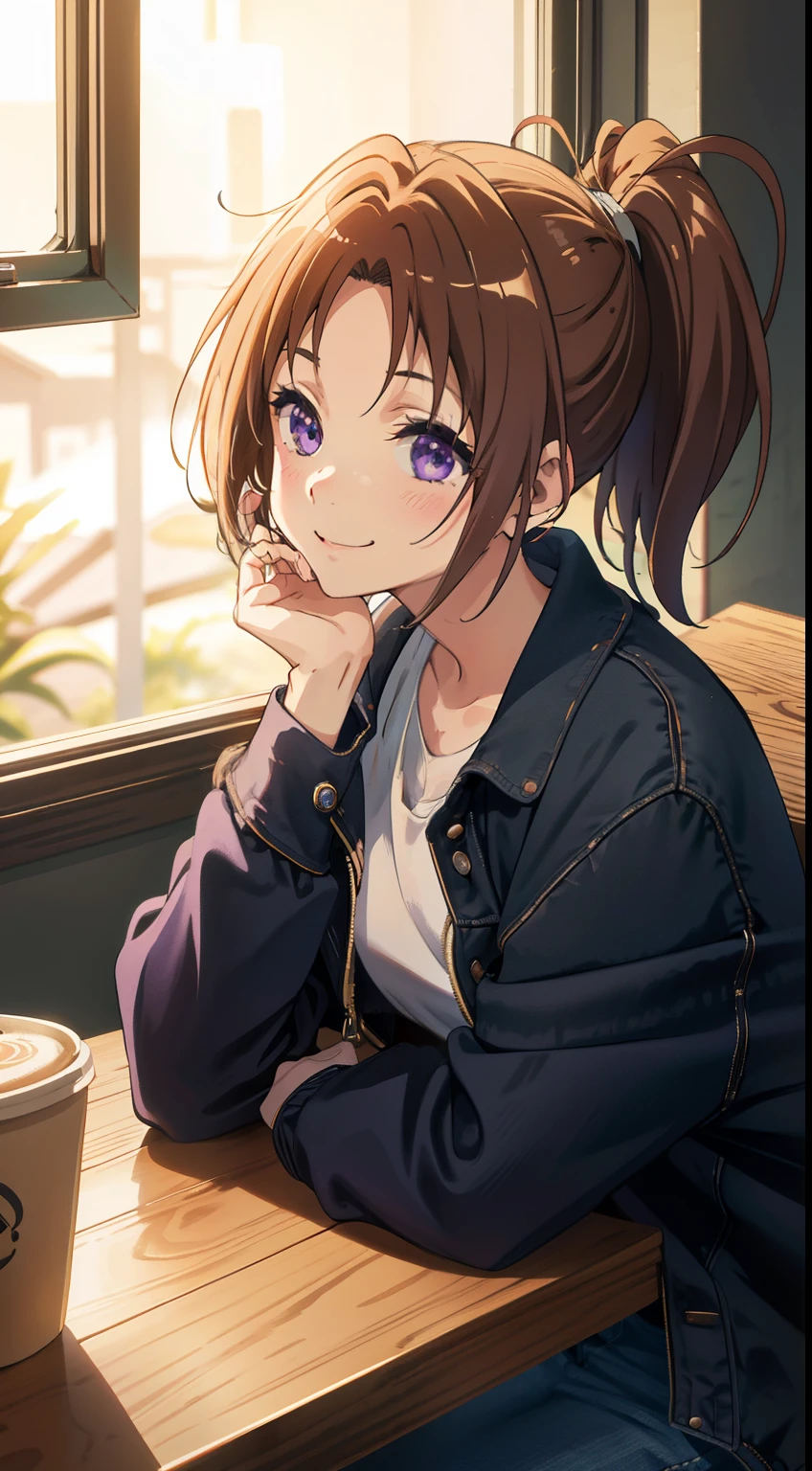 Jacket, (masutepiece), (Best Quality),1girl in, Gorgeous, (Perfect face), Sitting,Cozy, Calm, Peace, Happy, smilling, Expressive eyes, Cute, Wood, The table,  Nature, Pony tail, Purple eyes, coffee shop, Traced Lights,Modern, Back Light, Bright, colourfull