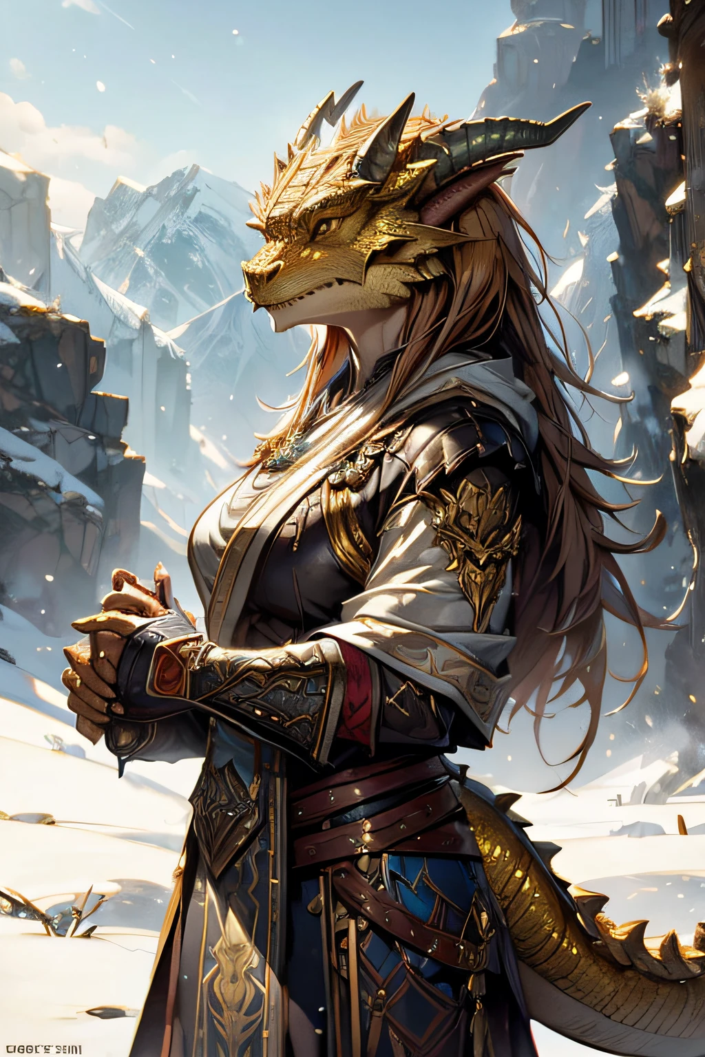 brass dragonborn, female, horns, solo portrait, scales, tail, buff, clotheasterpiece, best quality)), art by greg rutkowski