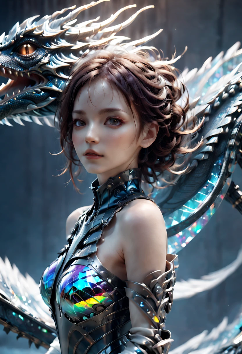 01_(Epic Character) (Dragon Girl). Horizontal composition, with some offset from the center-wide format. (Very beautiful creature, graceful form). (Alien creature, determined nature, menacingly beautiful). (Dragon Girl, a fantastic fantasy image, a creature with clear white skin, created for love, consists of graceful forms shimmering in the light, he is ready to love). (The body is covered with armor, armor). A very beautiful head, alien shape, (hair fetish hairstyle, shamanic amulets). Very beautiful - exotic face, slanted eyes, sensual lips, parted mouth, white - neat teeth, small fangs. A half-naked body with white pearlescent skin, a wide neckline, and small beautiful breasts, the body is covered with an exoskeleton, scars, hard black scales, the texture of the exoskeleton with artificial material (stone plastic and bionics, ground, polished, smooth, bas-relief, bionics, cyberpunk – they decorate protective plates on a very beautiful body, shoulders, knees, arms). Anatomy of an alien creature with pronounced sexual forms. The armor is decorated with scars - notches, relic bas-reliefs of alien meaning. 02_The composition is located in a horizontal frame. Eliminate symmetry, the main mass is not placed clearly in the center - with a slight offset. Magic, fantasy, sexual nature.
03_ Cold range of lighting, evening, snow storm, elements, gusty wind, slanting snow whirlwinds, dark blue, snowy background. Contrasting, clear lighting, warm magical light, clear cold shadows, contrasting image. Ice, snow, snow decor, intricate patterns. The highest image quality, a masterpiece, computer graphics. Cinematic level of performance, animated film. HD quality, wide format, 8K. 3D visualization. The scene was recreated using Unreal Engine. The highest quality, details, textures, materials, and clear forms (smooth bionic, synthetic material, artificial stone, plastic, metal). Black radiance from the depths of forms. Frontal view from camera, perspective, with watery ceilings, d