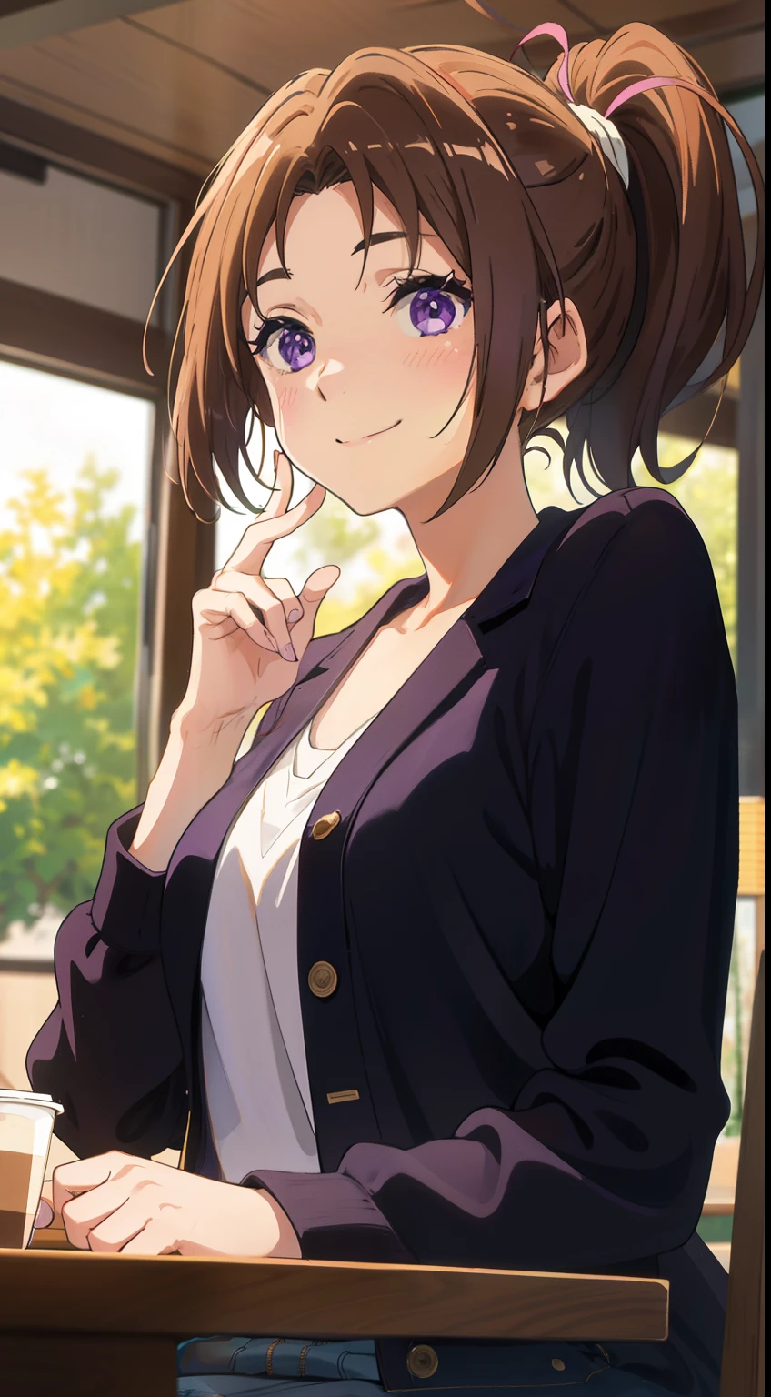 1girl in、brown hair ponytail、Purple eyes、Jacket、 (Perfect face)、A slight smil、Laugh、Cute、Sitting、Cozy、 Calm、 (masutepiece)、(Best Quality)、Gorgeous、smilling, Wood, The table, Nature, coffee shop, Traced Lights,Modern, Back Light, Bright, colourfull