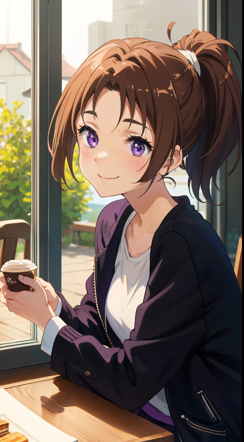 1girl in、brown hair ponytail、Purple eyes、Jacket、 (Perfect face)、A slight smil、Laugh、Cute、Sitting、Cozy、 Calm、 (masutepiece)、(Best Quality)、Gorgeous、smilling, Wood, The table, Nature, coffee shop, Traced Lights,Modern, Back Light, Bright, colourfull