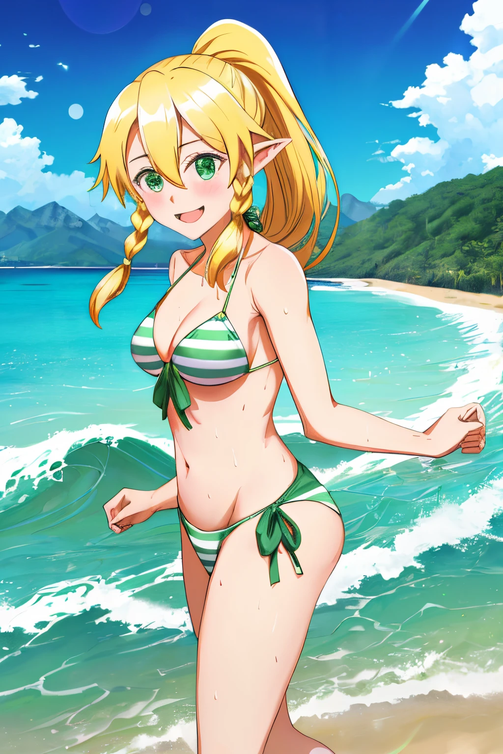 ((((solo)))), 1girl, ((perfect anatomy)), (((masterpiece))), best quality, looking at viewer, (((perfect anatomy))), (((leafa))), green bikini, blonde hair, long hair, green eyes, pointy ears, open mouth, green striped bikini, sky, twin braids, navel, smile, cloud, hair between eyes, side-tie bikini bottom, ponytail, front-tie top, very long hair, ocean, smile, small breasts, lens flare, side braid, blush, cleavage, front-tie bikini top, bangs, ((green bikini)), mountain background, ((((waves)))), ((low angle)), sweat, ocean bay, beach, standing on beach,
