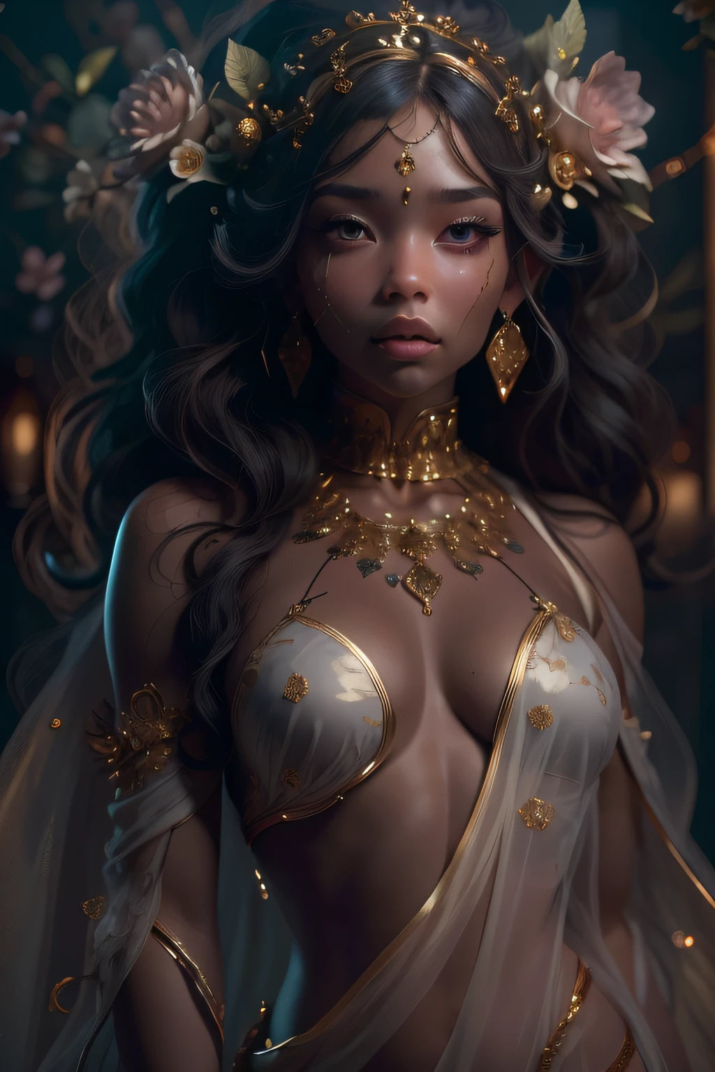 "Capture an extraordinary image of a dark-skinned goddess, exibindo um corpo maravilhoso e uma beleza extremamente cativante. The representation must be permeated with magical and fantasy elements, destacando uma aura de majestade e charme. The goddess is half-naked, usar roupas com tecidos que fluem graciosamente ao redor do seu corpo. Her wet skin adds an ethereal touch to the scene. Use exceptional camera quality (RSEEmma:1.5) para capturar cada detalhe da pele, fabrics and scene in high resolution. Set up cinematic lighting that highlights the beauty of the goddess, with a slightly elevated twilight providing a magical atmosphere. Make sure the representation conveys the greatness of this goddess