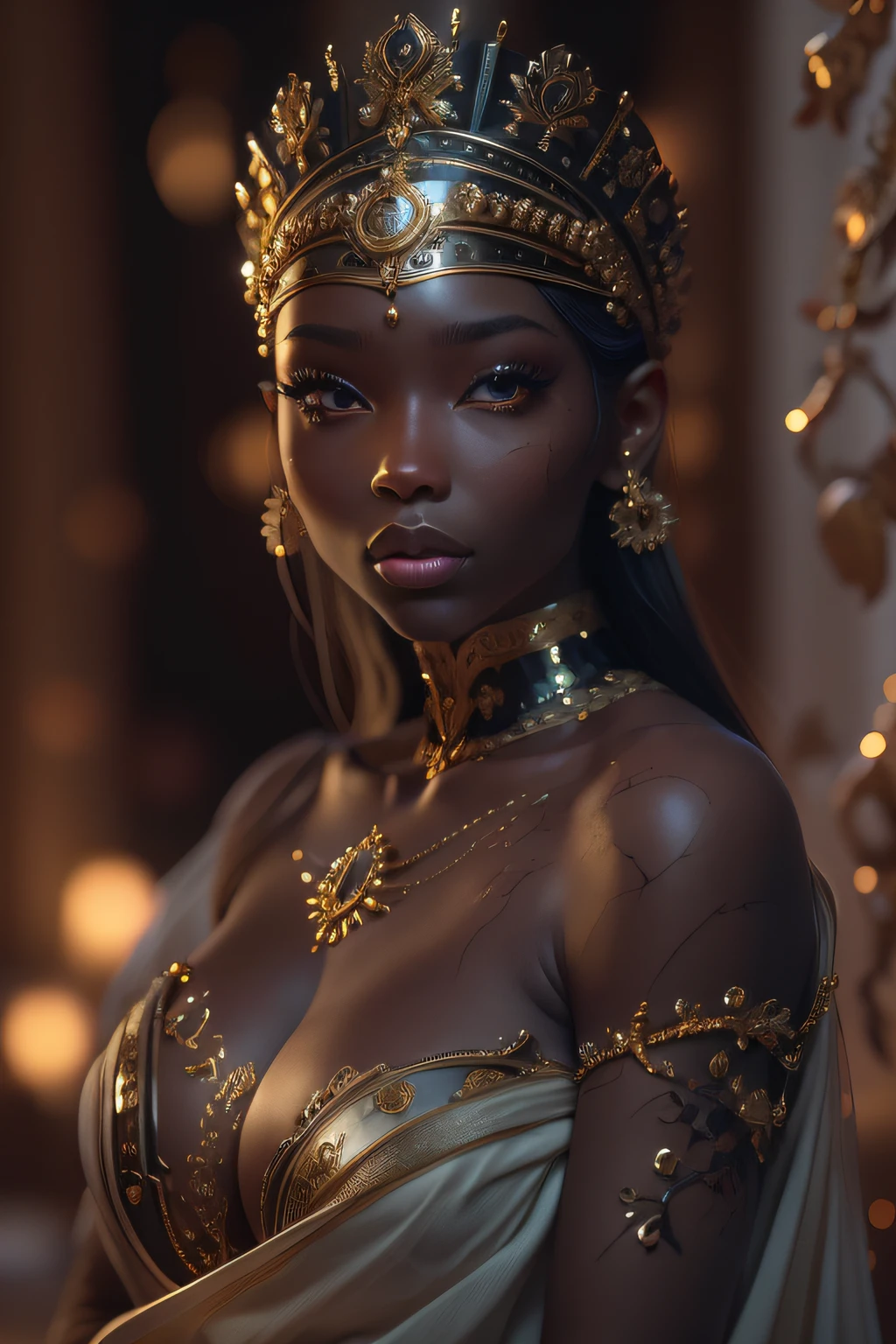 "Capture an extraordinary image of a dark-skinned goddess, exibindo um corpo maravilhoso e uma beleza extremamente cativante. The representation must be permeated with magical and fantasy elements, destacando uma aura de majestade e charme. The goddess is half-naked, usar roupas com tecidos que fluem graciosamente ao redor do seu corpo. Her wet skin adds an ethereal touch to the scene. Use exceptional camera quality (RSEEmma:1.5) para capturar cada detalhe da pele, fabrics and scene in high resolution. Set up cinematic lighting that highlights the beauty of the goddess, with a slightly elevated twilight providing a magical atmosphere. Make sure the representation conveys the greatness of this goddess