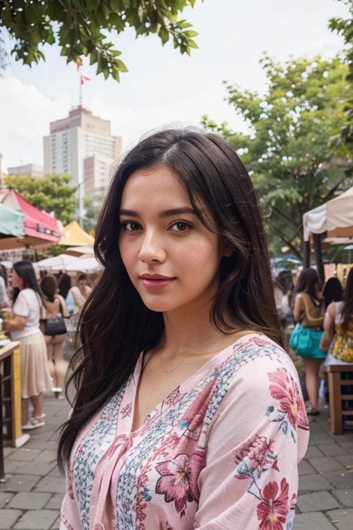 a canadian instagram model, wearing A lightweight, breezy blouse with a summer-friendly pattern like florals or pastels, A vibrant outdoor setting, like a beach, a colorful street market, or a lush city park, black hairs, pink lips, realistic photography