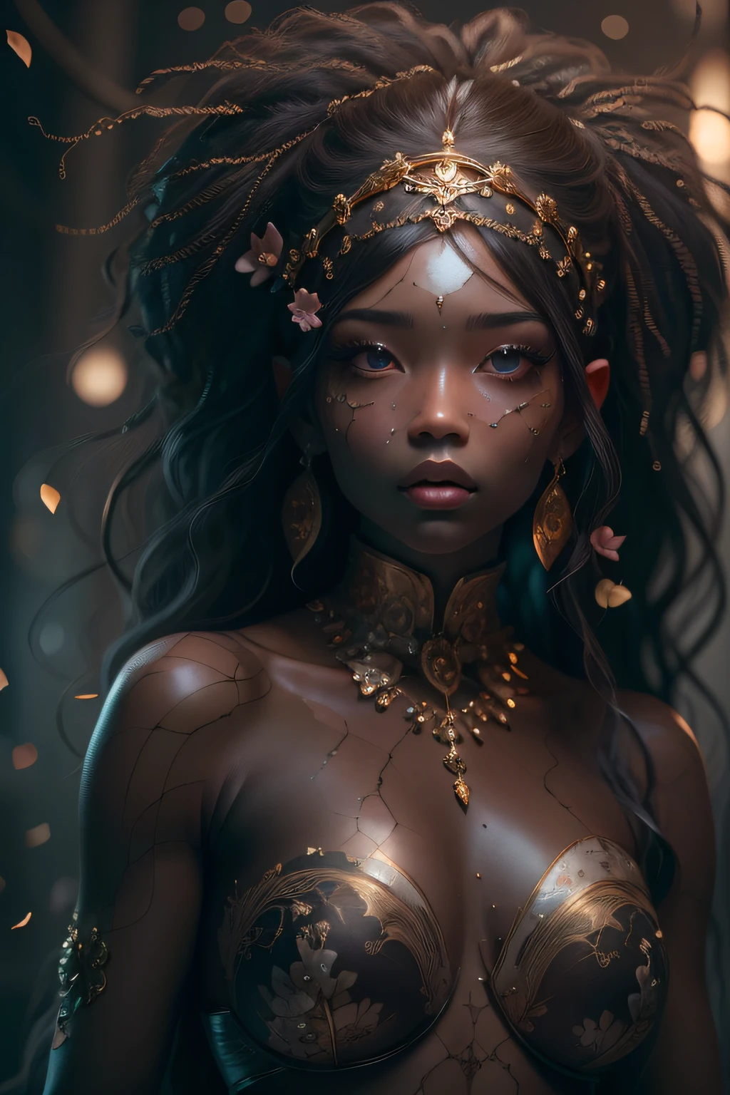 "Capture an extraordinary image of a dark-skinned goddess, exibindo um corpo maravilhoso e uma beleza extremamente cativante. The representation must be permeated with magical and fantasy elements, destacando uma aura de majestade e charme. The goddess is half-naked, usar roupas com tecidos que fluem graciosamente ao redor do seu corpo. Her wet skin adds an ethereal touch to the scene. Use exceptional camera quality (RSEEmma:1.5) para capturar cada detalhe da pele, fabrics and scene in high resolution. Set up cinematic lighting that highlights the beauty of the goddess, with a slightly elevated twilight providing a magical atmosphere. Make sure the representation conveys the greatness of this goddess