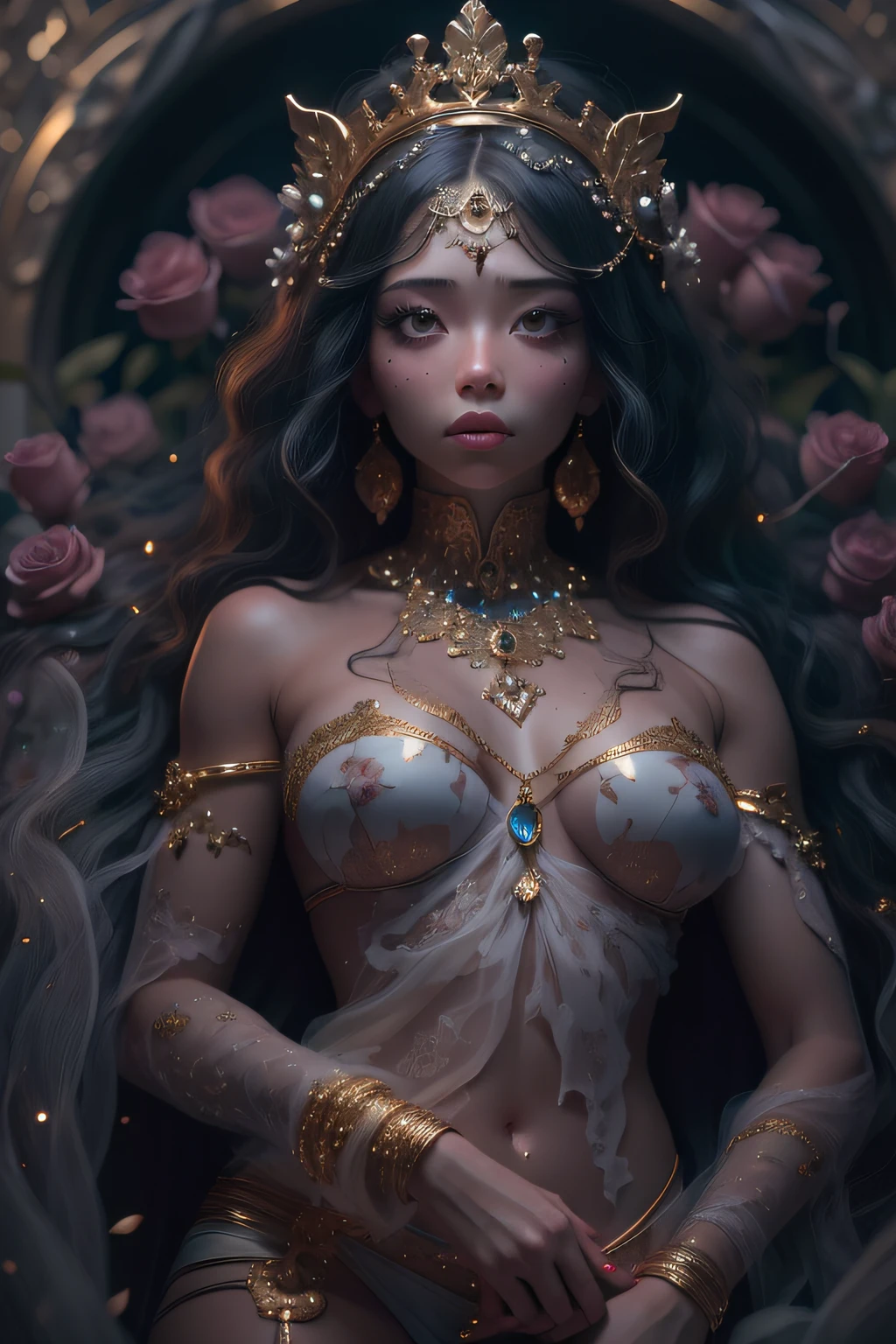 "Capture an extraordinary image of a dark-skinned goddess, exibindo um corpo maravilhoso e uma beleza extremamente cativante. The representation must be permeated with magical and fantasy elements, destacando uma aura de majestade e charme. The goddess is half-naked, usar roupas com tecidos que fluem graciosamente ao redor do seu corpo. Her wet skin adds an ethereal touch to the scene. Use exceptional camera quality (RSEEmma:1.5) para capturar cada detalhe da pele, fabrics and scene in high resolution. Set up cinematic lighting that highlights the beauty of the goddess, with a slightly elevated twilight providing a magical atmosphere. Make sure the representation conveys the greatness of this goddess