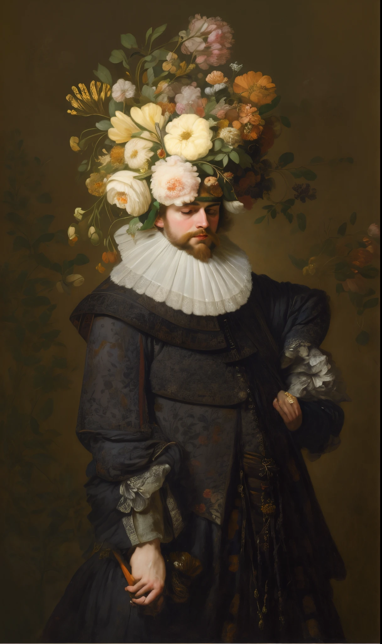 painting of a man with a flowered headpiece and a fan, inspired by Bartholomeus van der Helst, turban of flowers, frans hals style, inspired by Frans Hals, inspired by Willem van Haecht, inspired by Gerard de Lairesse, inspired by François Boquet, inspired by Karel Dujardin, baroque digital painting