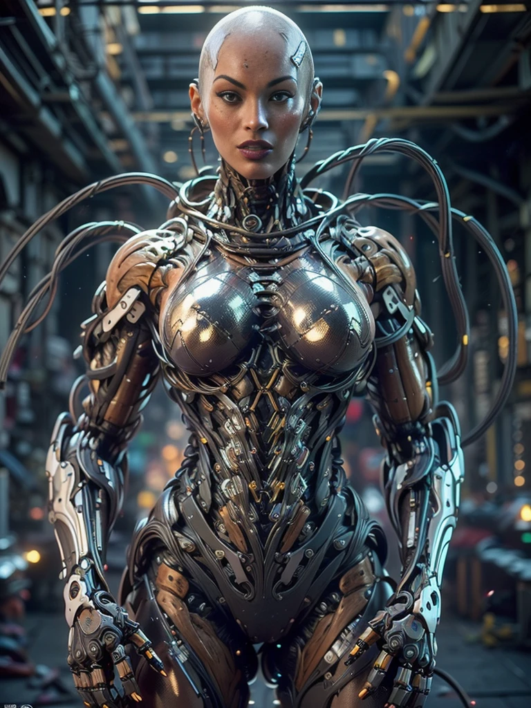 (beautiful muscular female cyborg:1.25), (megan-fox:1.5), (full body pose), (metallic muscular armor:1.5), (no hair), (bald head covered in cables:1.5), (robotic mechanical physique:1.5), (super muscular female cyborg:1.5), (covered in cables and mechanical muscles:1.5), (android muscular anatomy:1.5), (perfect fingers:1.25),(8k, RAW photo, photorealistic:1.25), sci fi atmosphere, futuristic dystopia, alien landscape,