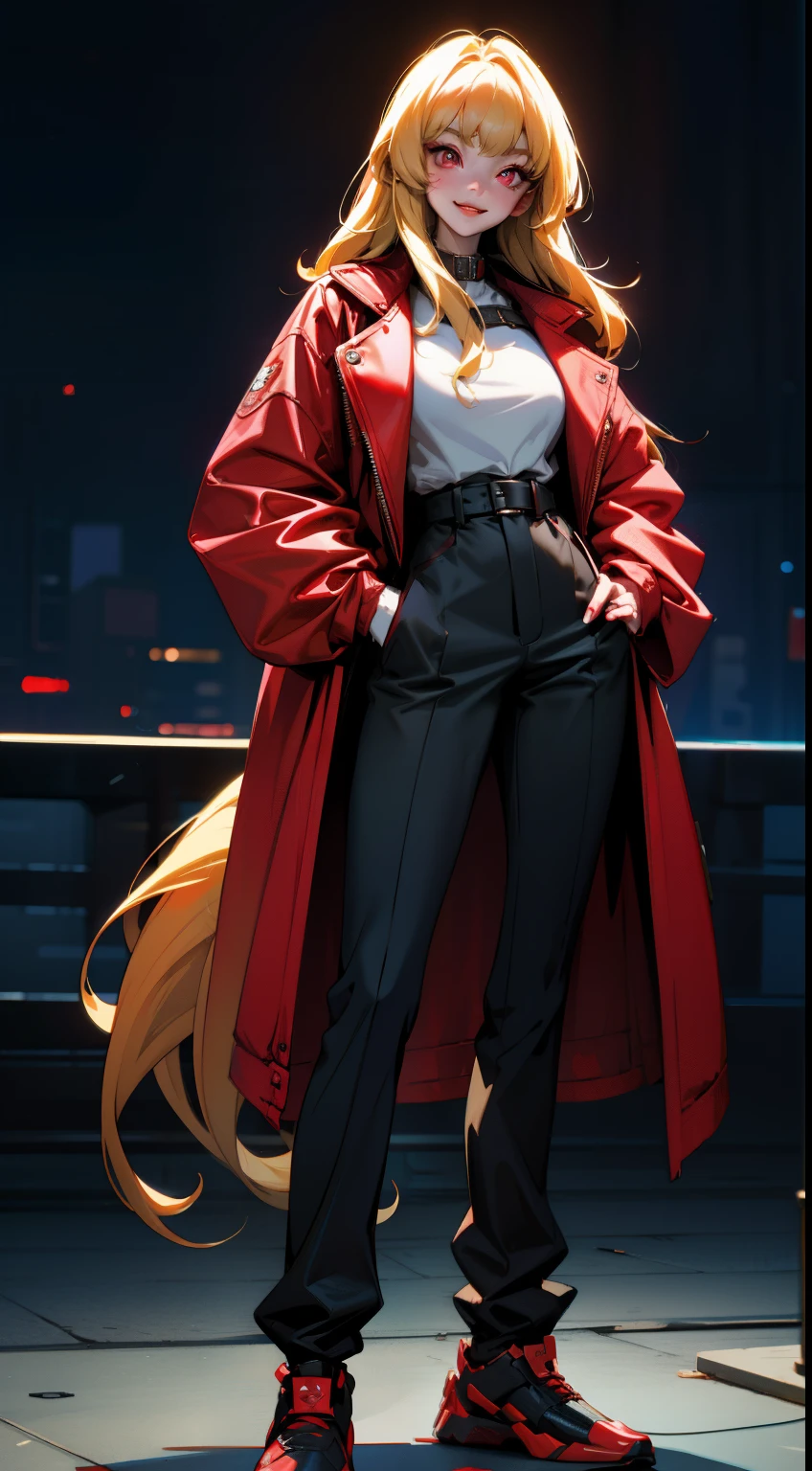 masterpiece, best quality, 1girl, mookhyang, blonde hair, long hair, bangs, red eyes, smile, shirt, long sleeves, coat, full body, standing, contrapposto, looking at viewer, cyberpunk, solo, neon light, night, cyberpunk city background