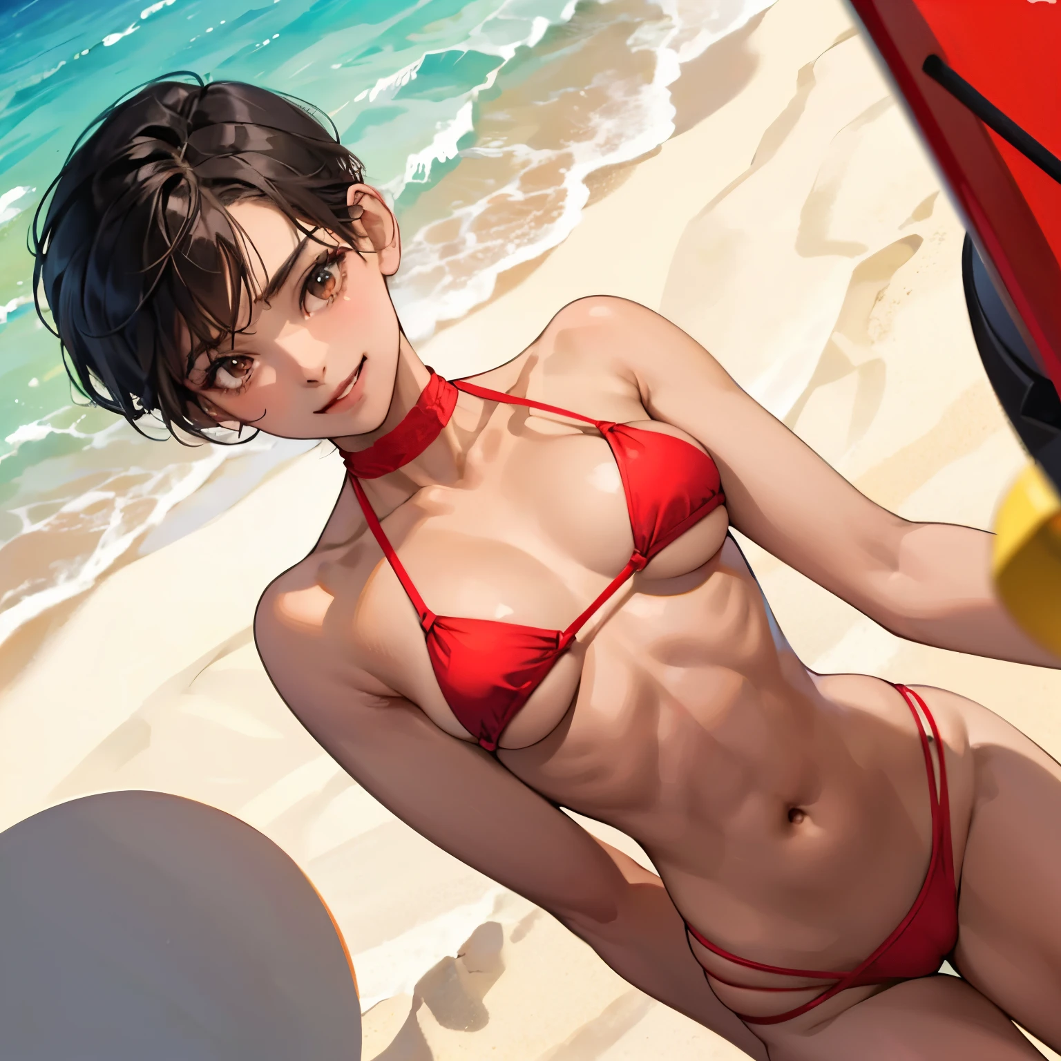 1 girl,A cute brown-skinned girl is looking at me and smiling.,Very cute,black undercut short hair,Brown-skinned,Slender but big breasts,a navel,tre anatomically correct,Precise fingers,Red Micro Bikini,Super High Leg,photorealisim,masterpiece,hiquality,On the beach