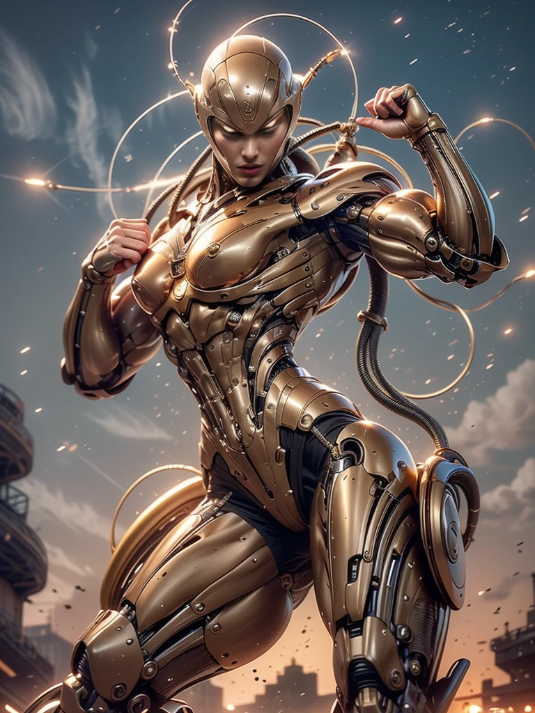 (beautiful muscular female cyborg:1.25), (megan-fox:1.5), (full body pose), (metallic muscular armor:1.5), (no hair), (bald head covered in cables:1.5), (robotic mechanical physique:1.5), (super muscular female cyborg:1.5), (covered in cables and mechanical muscles:1.5), (android muscular anatomy:1.5), (perfect fingers:1.25),(8k, RAW photo, photorealistic:1.25), sci fi atmosphere, futuristic dystopia, alien landscape,