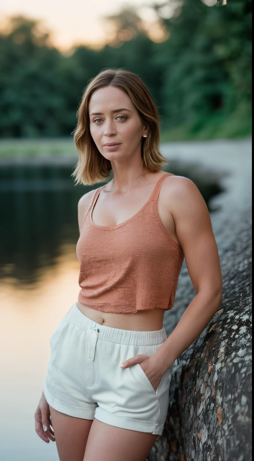 ((photo of emily blunt ))  (full body photograph, (( random photo , paparazzi photograph)) ) wearing a  light orange color  color tight sexy   tank top and a brown color short pants  , she  standing in a lakeside , her seductive smile  ) (( correct hands, Kodak 200T, dreamlike lighting, global illumination ,Clear facial features:1.98, low contrast: 1.99, 85mm, 100mm lens, f/1.8, (hyper photorealistic), naturalistic , uplight, Ilford film stock --ar 16:9 --q 2 --v 5, Create ultra-detailed images textures, capturing every detail with precision ))