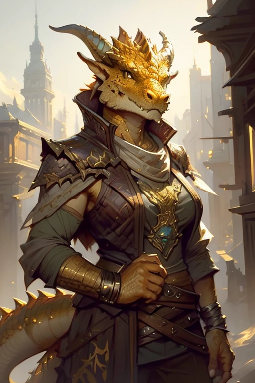 brass dragonborn, female, horns, solo portrait, scales, tail, buff, clothes, ((masterpiece, best quality)), art by greg rutkowski