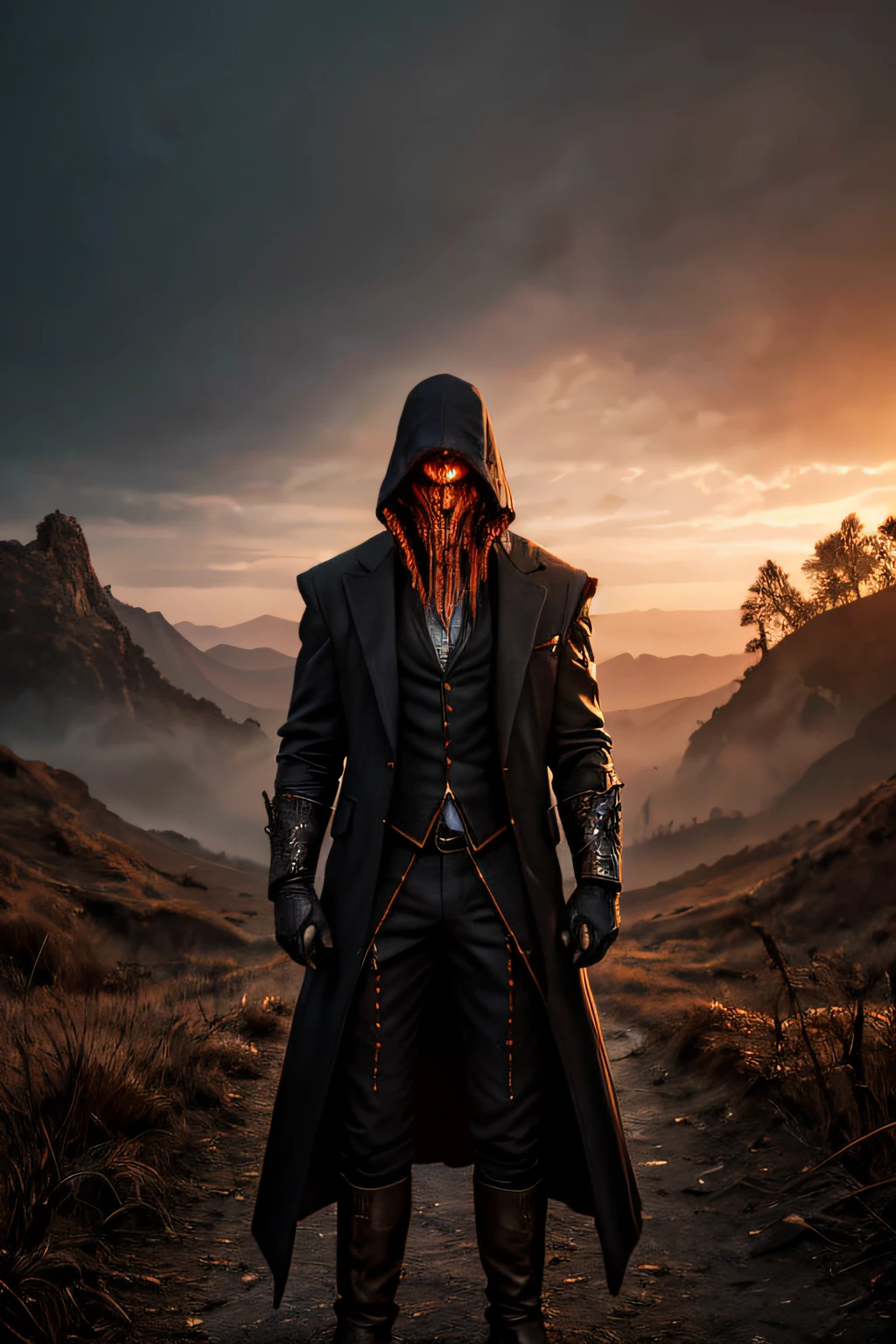 "Capture an intriguing image of a non-human supernatural entity. The subject is a man with a scarecrow hat, vestido completamente de preto, com luvas e botas acima de tudo. He exudes a demonic appearance, com o olhar de um necromante, representing a supernatural carnivorous entity.
Utilize exceptional camera quality (RSEEmma:1.5) to highlight every detail of the dark costume and demonic features in high resolution. Configure cinematic lighting to intensify the dark tone of the scene, with a slightly elevated twilight to add a mysterious and sinister atmosphere.
This image aims to convey the formidable and supernatural presence of the entity, com detalhes realistas e qualidade visual impressionante. It will be aimed at an audience that appreciates the fantastic and artistic aspect of supernatural representations."