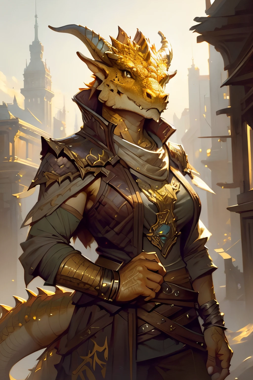 brass dragonborn, female, horns, solo portrait, scales, tail, buff, clothes, ((masterpiece, best quality)), art by greg rutkowski