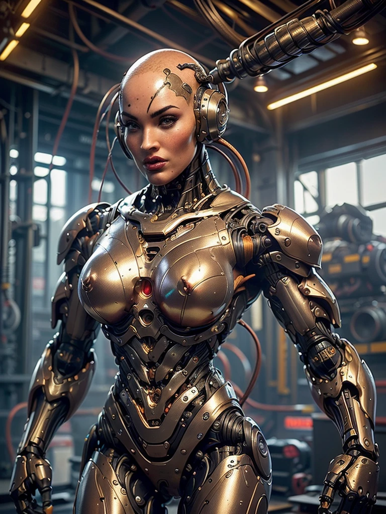 (beautiful muscular female cyborg:1.25), (megan-fox:1.5), (full body pose), (metallic muscular armor:1.5), (no hair), (bald head covered in cables:1.5), (robotic mechanical physique:1.5), (super muscular female cyborg:1.5), (covered in cables and mechanical muscles:1.5), (android muscular anatomy:1.5), (perfect fingers:1.25),(8k, RAW photo, photorealistic:1.25), sci fi atmosphere, futuristic dystopia, alien landscape,