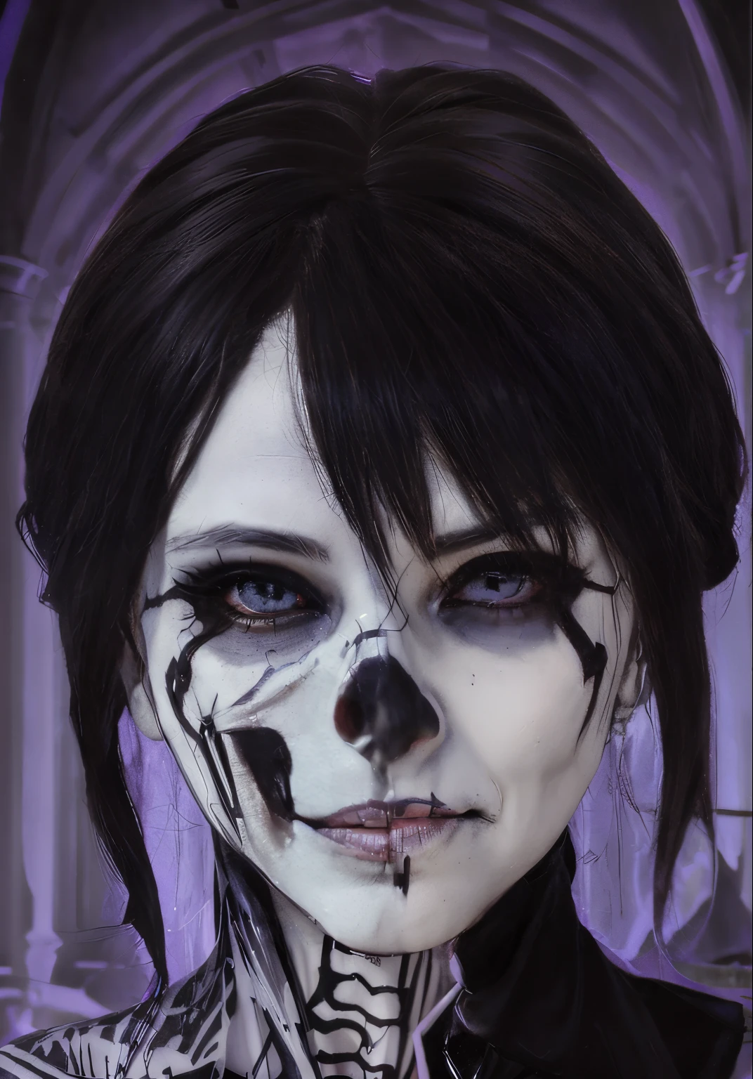 gloomy atmosphere, dark background, haunting eyes, sinister smile, eerie lighting, horror genre, black and white, gothic style, spooky vibe, skelton teeth,