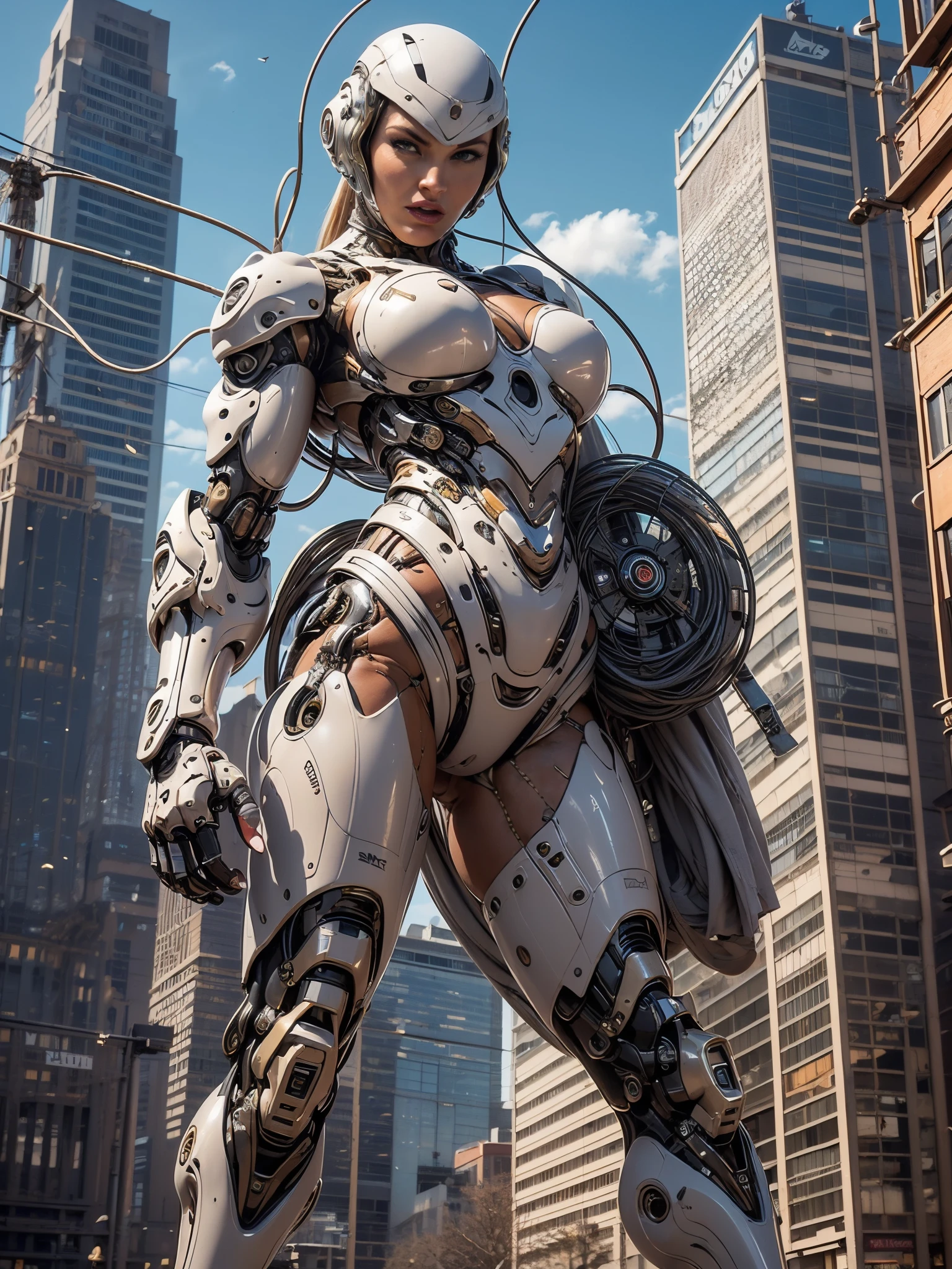 (beautiful muscular female cyborg:1.25), (megan-fox:1.5), (full body pose), (metallic muscular armor:1.5), (no hair), (bald head covered in cables:1.5), (robotic mechanical physique:1.5), (super muscular female cyborg:1.5), (covered in cables and mechanical muscles:1.5), (android muscular anatomy:1.5), (perfect fingers:1.25),(8k, RAW photo, photorealistic:1.25), sci fi atmosphere, futuristic dystopia, alien landscape,