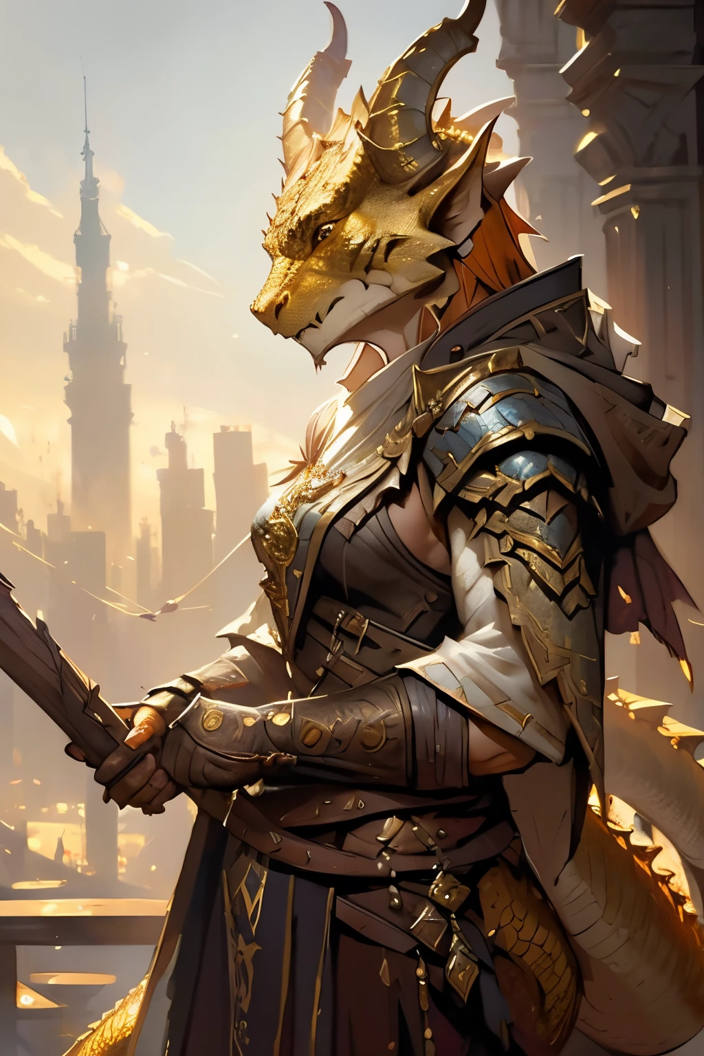 brass dragonborn, female, horns, solo portrait, scales, tail, buff, clothes, ((masterpiece, best quality)), art by greg rutkowski