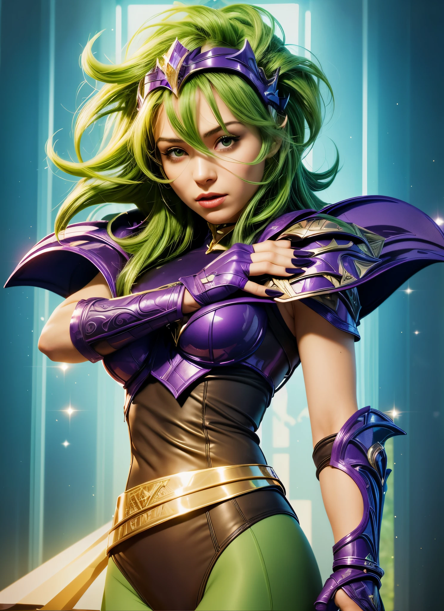 Highresolution, hyper-realistic. Masterpiece, partial-body of beautiful woman about 20 years old. starring the viewer. slightly low-side view of face. slightly looking down, fragile expression, 1girl, Italian, big green eyes, detailed face, beautiful face, delicate nose, delicate lips, short ((green hair)), messy hair, ((bangs)), tiara in the format of a head of sneak at top, wearing a purple armor, (purple metallic armor), chrome purple armor, (detailed armor), (ornate armor), leather brown colan, yellow belt tied around the waist, green tide pants. Purple metallic armor protection on left arm/hand, purple glove at right hand. ((Long black nails on right hand)). (((porcelain facial full face mask on right hand))). (perfect right hand), (perfect right fingers). starry night sky background. Cinematic light.