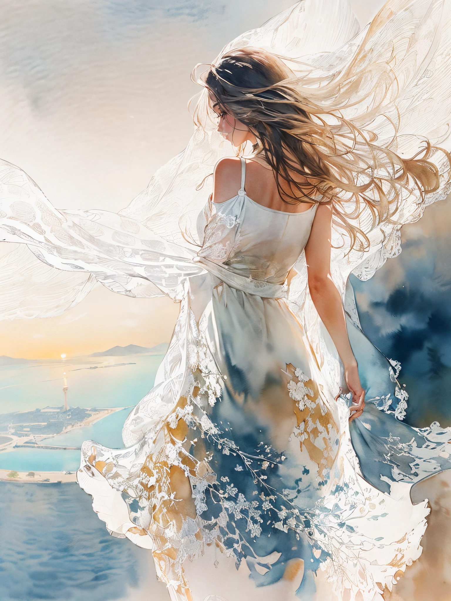 A painting of a woman in a dress walking on the beach - SeaArt AI