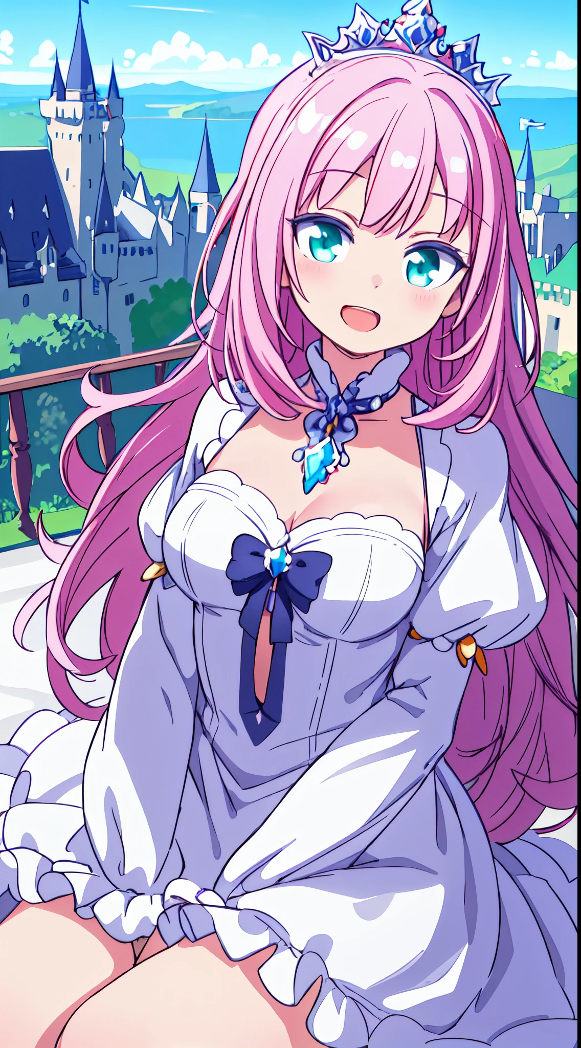 Insanely detailed, absurderes, 超A high resolution, Ultra-detailed, Best Quality,
1girl in, Solo, nice hand, Perfect hands,
blake princess, princess dress with lots of frills, Tiara in the hair,
Happy smile, Laugh, Open mouth,
Sitting, Cute Pose,
From below, Cowboy Shot,
BREAK
slender, kawaii, Perfect symmetry face, ultra cute girl, hyper cute face, Ultra detailed eyes, ultra-detailed hair, Super cute, ultra beautiful,
BREAK on the roof of the castle, (Fantasy World, castle, a panoramic view:1.3), depth of fields,
medium large breasts,
break
Pink hair, Long hair, hair messy, Green eyes, hair between eye