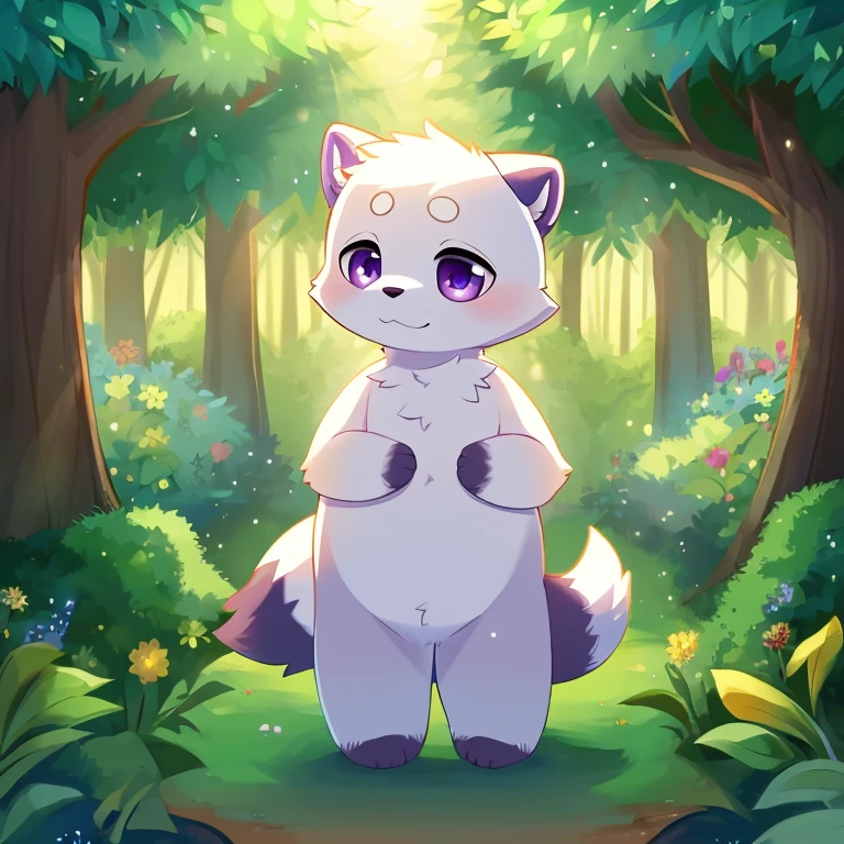 purple left eye, green right eye, furry boy white raccoon dog, albino, cozy garden, green plants, bright leaves, enchanted forest, fluffy tail, gentle expression, playful posture, soft fur, sunbeam through the trees, bright dew in the morning