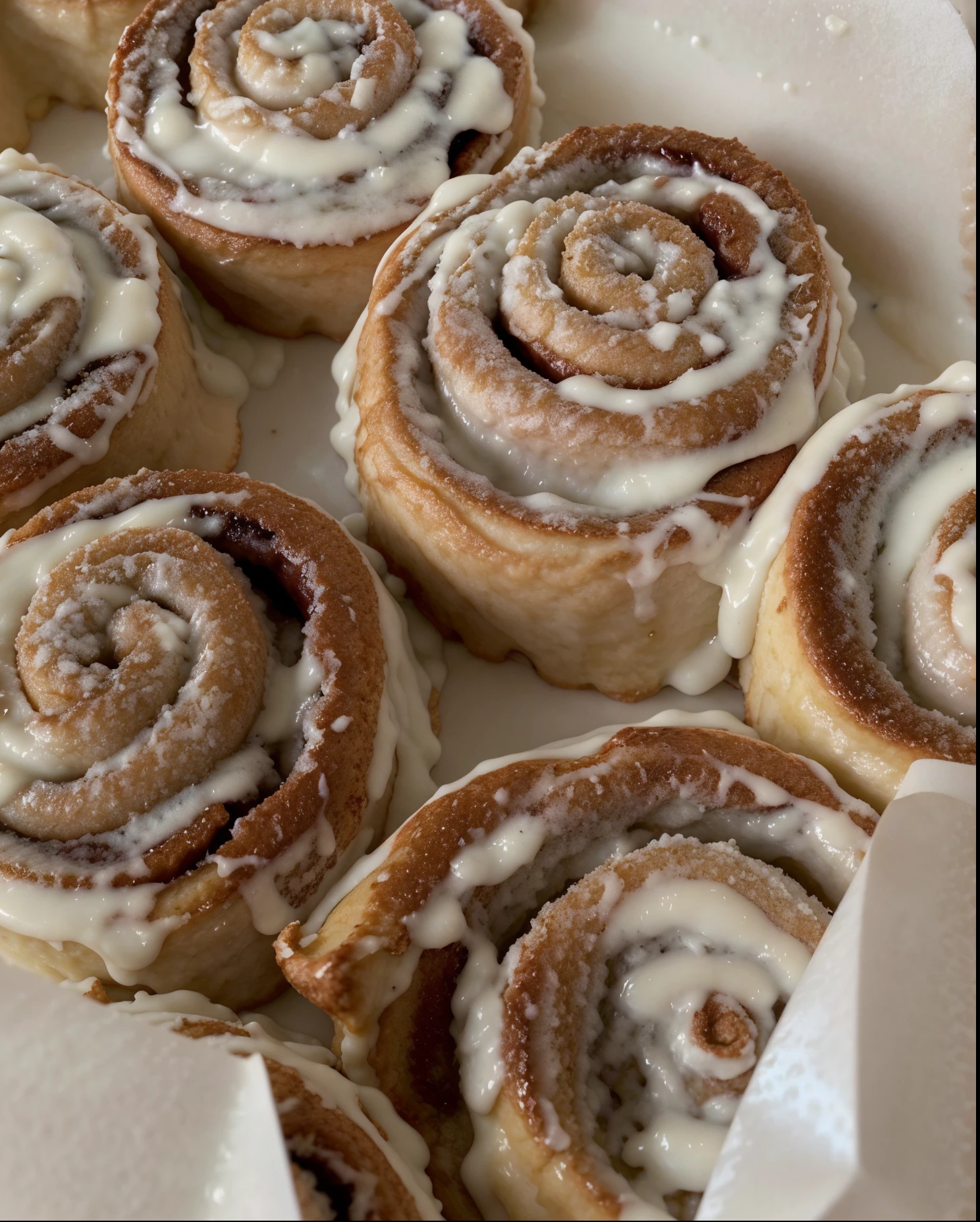 a close up of a box of cinnamon rolls with icing, in the shape of a cinnamon roll, pastries, glazed, pastry, by Tom Wänerstrand, 🎀 🗡 🍓 🧚, 🎀 🧟 🍓 🧚, swirles, snails, lots of swirling, swirls, ❤🔥🍄🌪, twirls, unknown artist, scrolls
