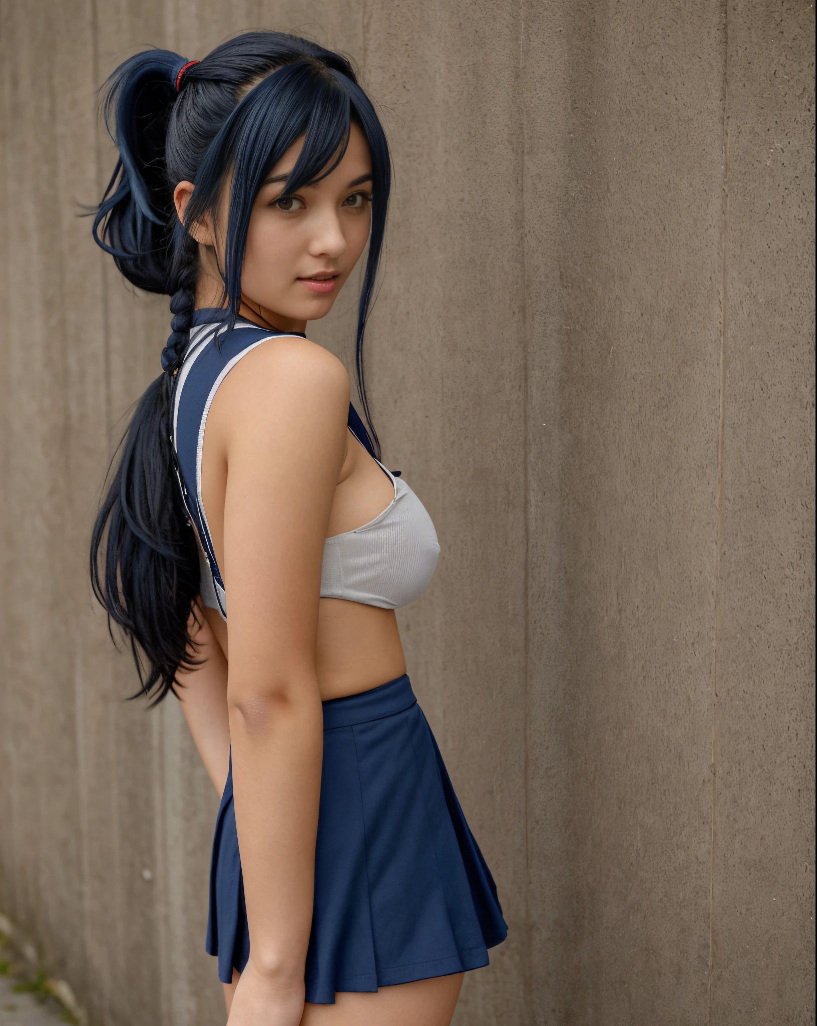 1girl, solo, Laura S. Arseid (long dark blue hair, ponytail and side Bang, small boobs), (inspired by trails of cold steel) in a school dress showing off her panties, in a military school, embarrassed