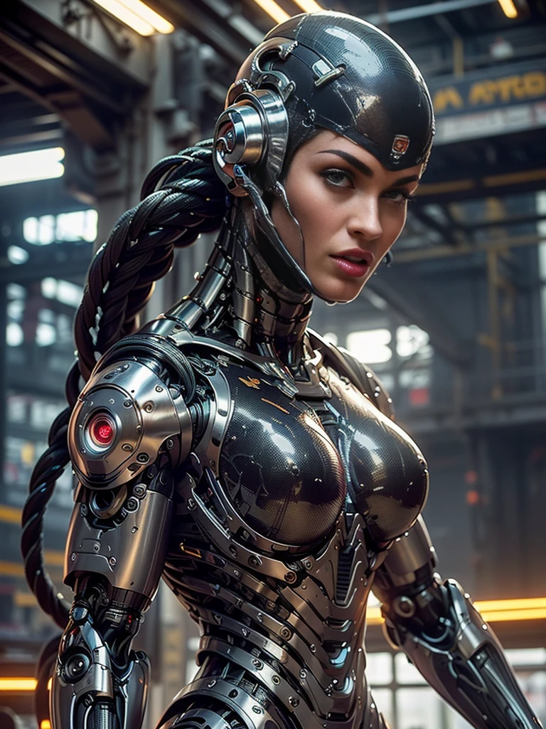 (beautiful muscular female cyborg:1.25), (megan-fox:1.5), (full body pose), (metallic muscular armor:1.5), (no hair), (bald head covered in cables:1.5), (robotic mechanical physique:1.5), (super muscular female cyborg:1.5), (covered in cables and mechanical muscles:1.5), (android muscular anatomy:1.5), (perfect fingers:1.25),(8k, RAW photo, photorealistic:1.25), sci fi atmosphere, futuristic dystopia, alien landscape,