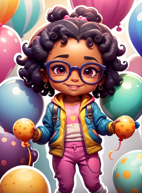 Loli, castanho-escura, afro-americano, sorriso feliz, lindo e bonito, wearing yellow glasses, Purple jacket, moletom branco, Pants, lots of colorful balloons, baby face, estilo chibi, cabelos bicolores vermelhos e azuis, ponytail braided hair, olhos de detalhe perfeitos, rosto delicado, CG perfeito, Qualidade de imagem HD, Colorful balloons, heaven, Feliz